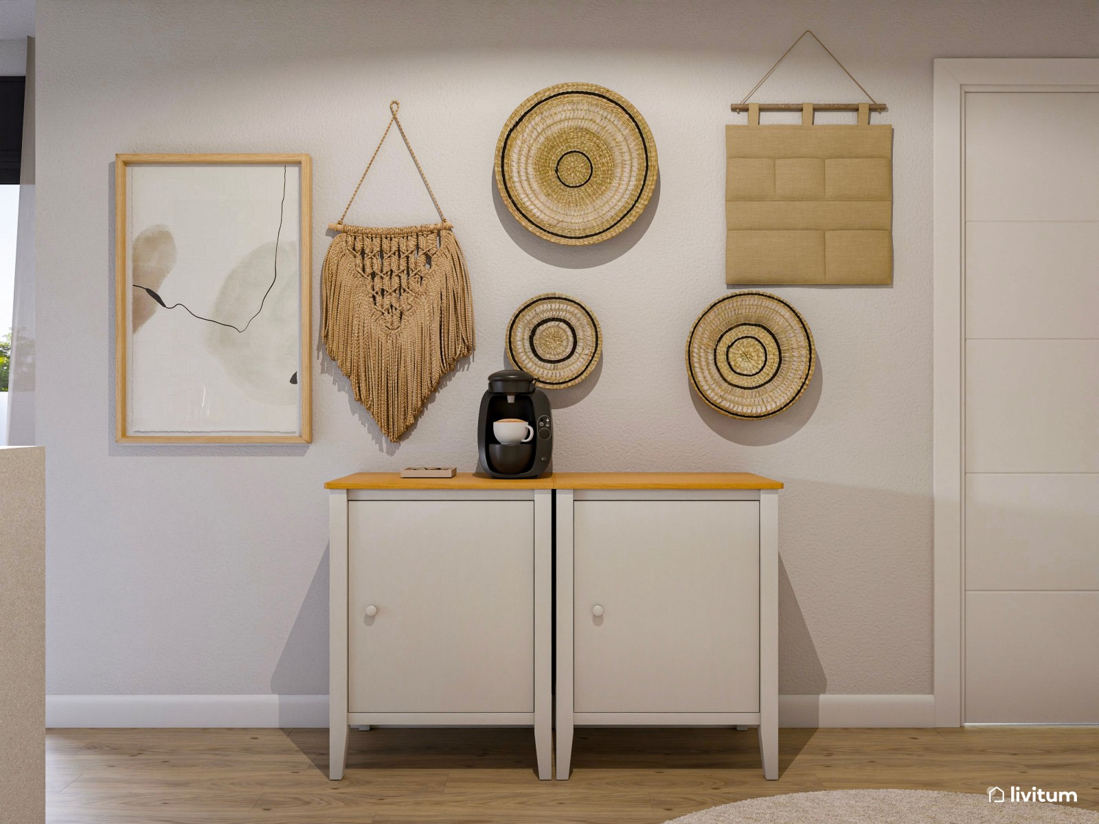 Salón en tonos suaves con muebles curvados y pequeño recibidor