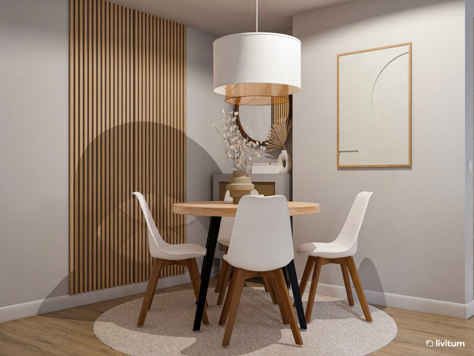 Salón en tonos suaves con muebles curvados y pequeño recibidor