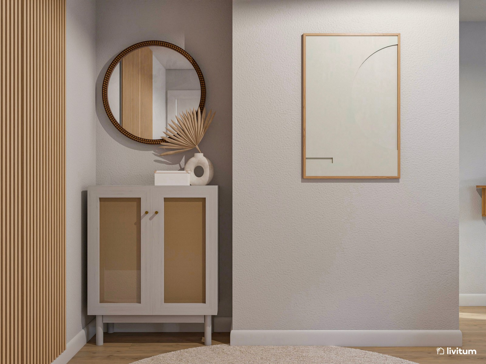 Salón en tonos suaves con muebles curvados y pequeño recibidor