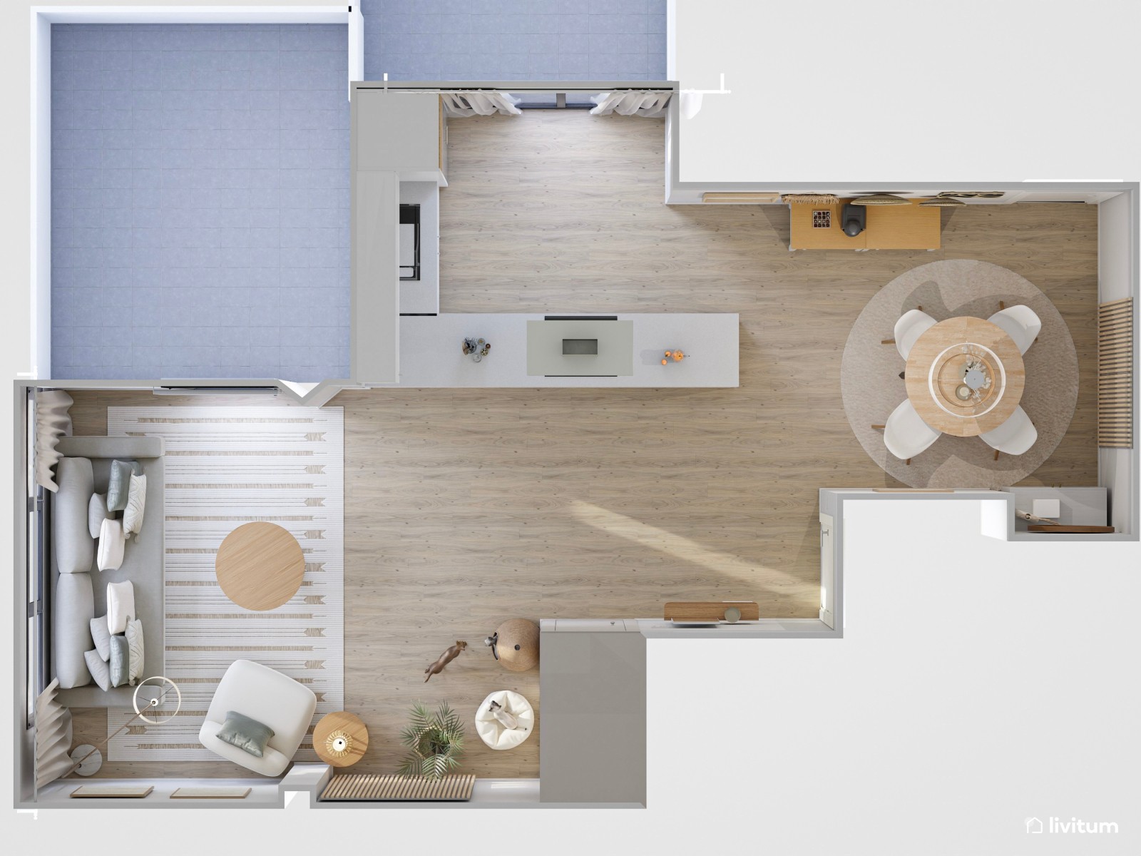 Salón en tonos suaves con muebles curvados y pequeño recibidor