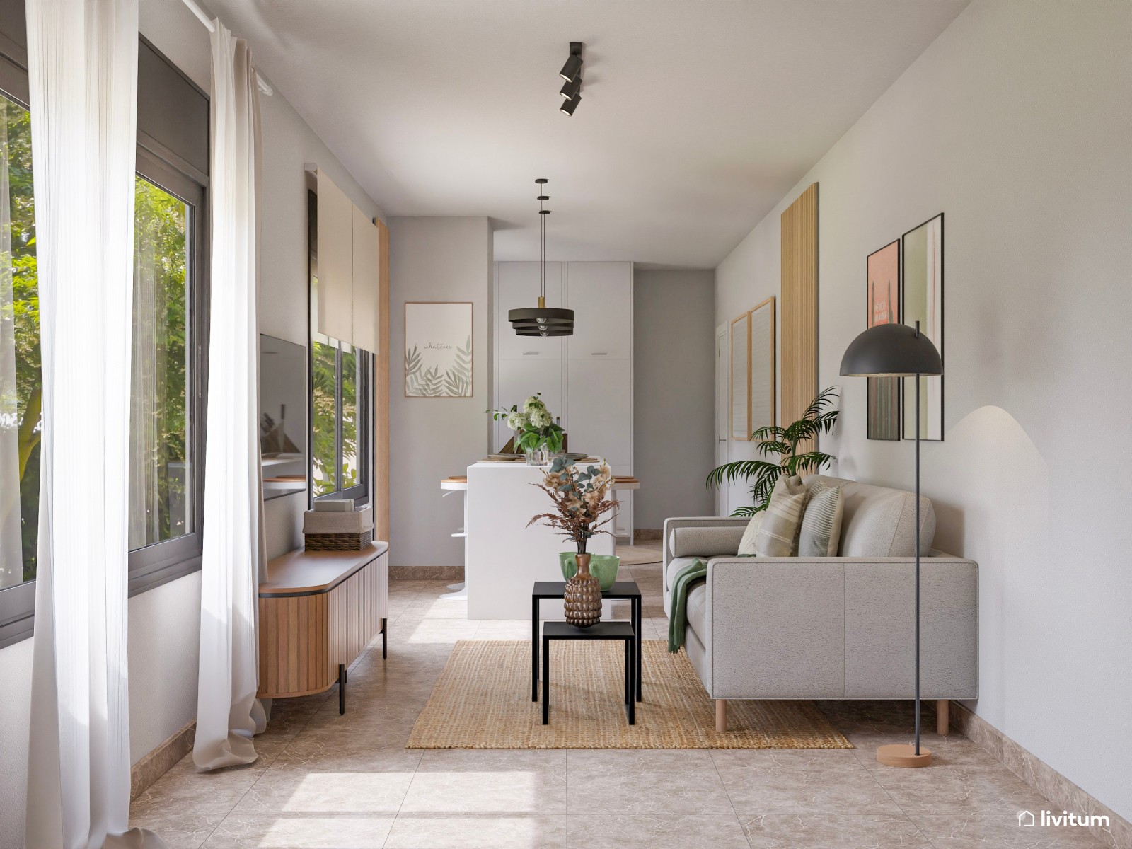 Salón estrecho con cocina abierta decorado en suaves tonos verdes