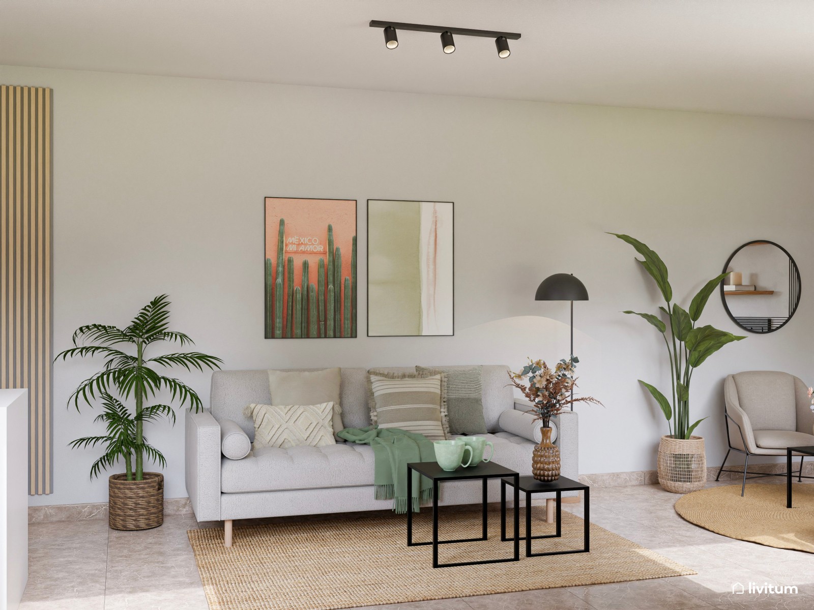 Salón estrecho con cocina abierta decorado en suaves tonos verdes