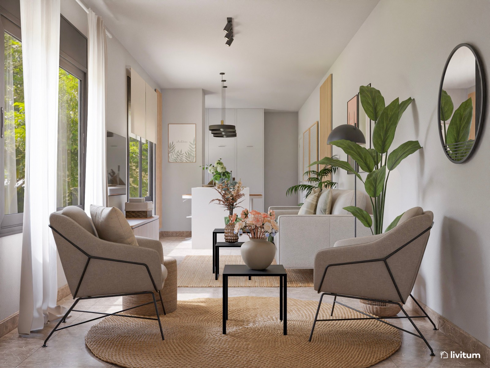Salón estrecho con cocina abierta decorado en suaves tonos verdes