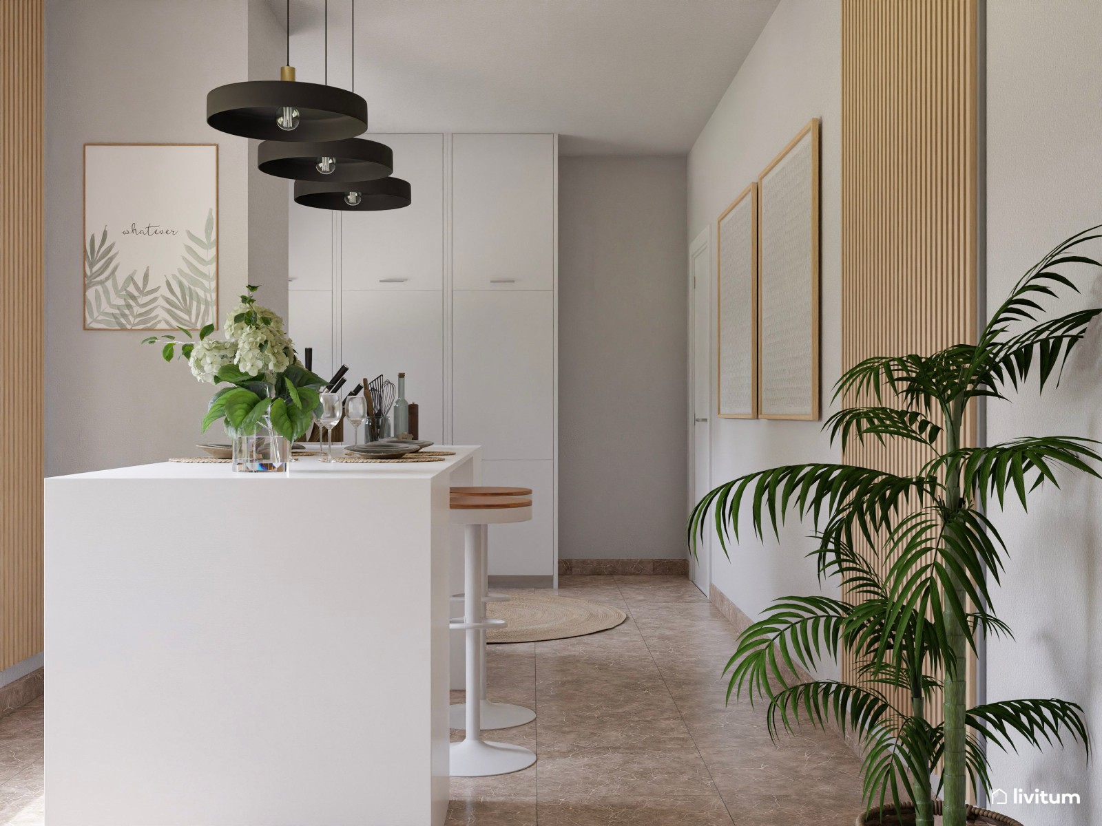 Salón estrecho con cocina abierta decorado en suaves tonos verdes