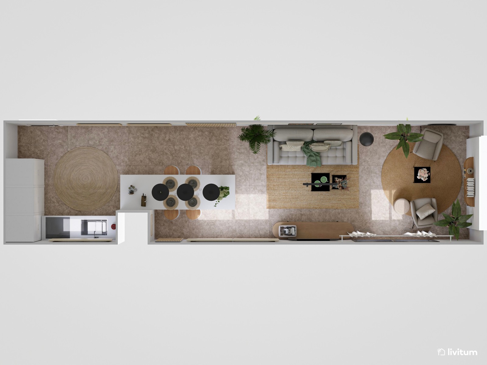 Salón estrecho con cocina abierta decorado en suaves tonos verdes