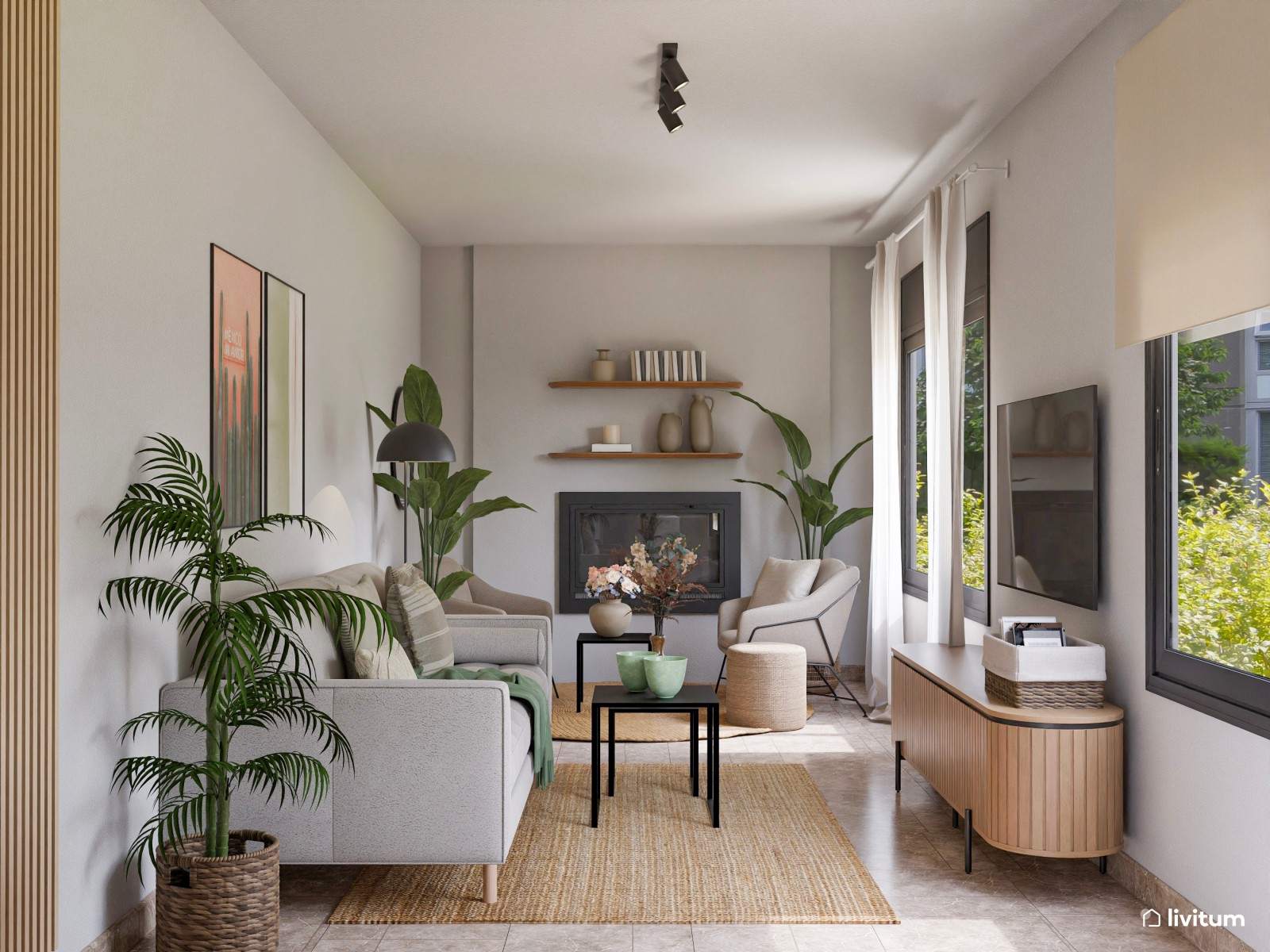 Salón estrecho con cocina abierta decorado en suaves tonos verdes