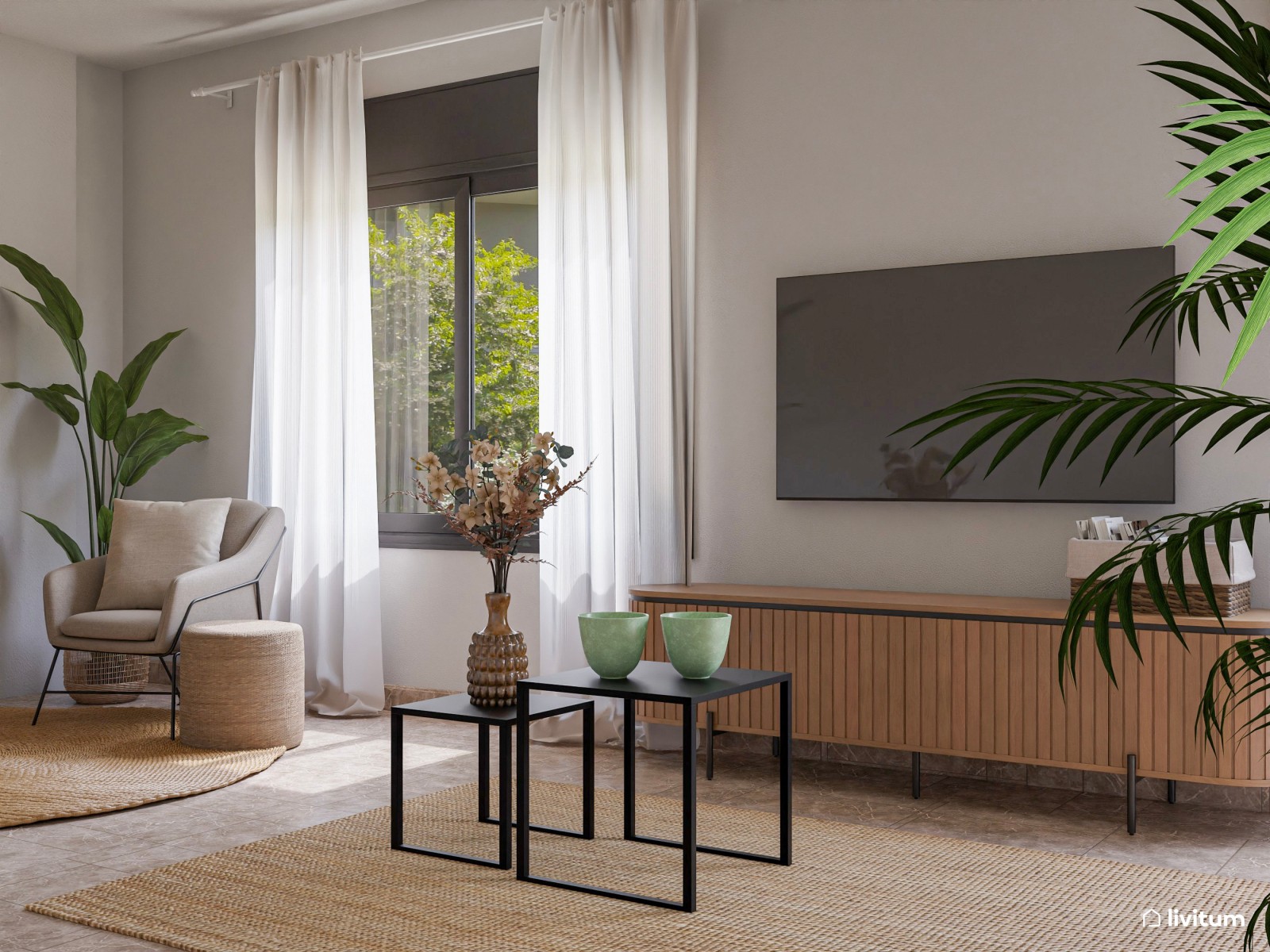 Salón estrecho con cocina abierta decorado en suaves tonos verdes