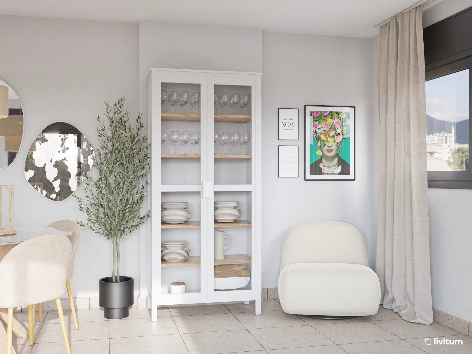 Salón fresco y amplio en tonos claros y detalles en fibras naturales 