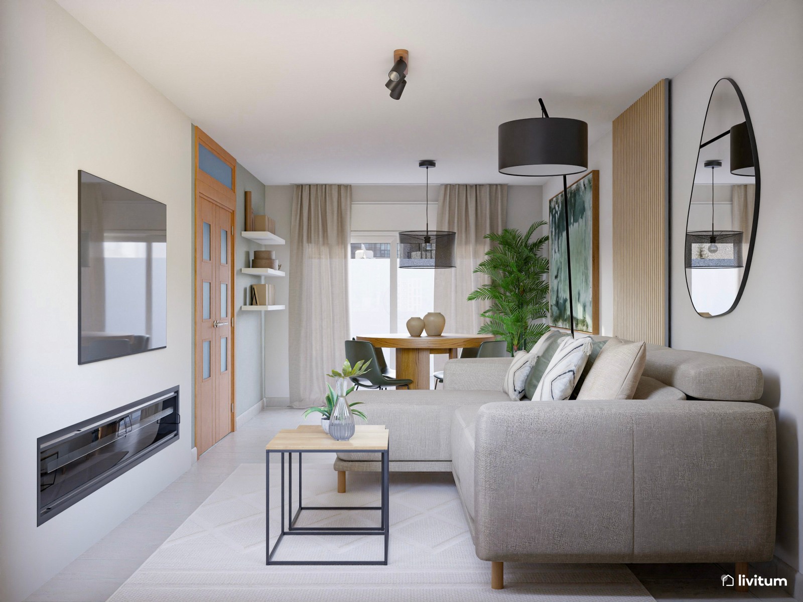  Salón imponente y elegante con diseños en verde y mesa redonda 