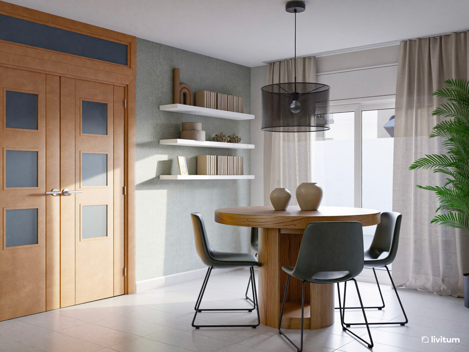  Salón imponente y elegante con diseños en verde y mesa redonda 