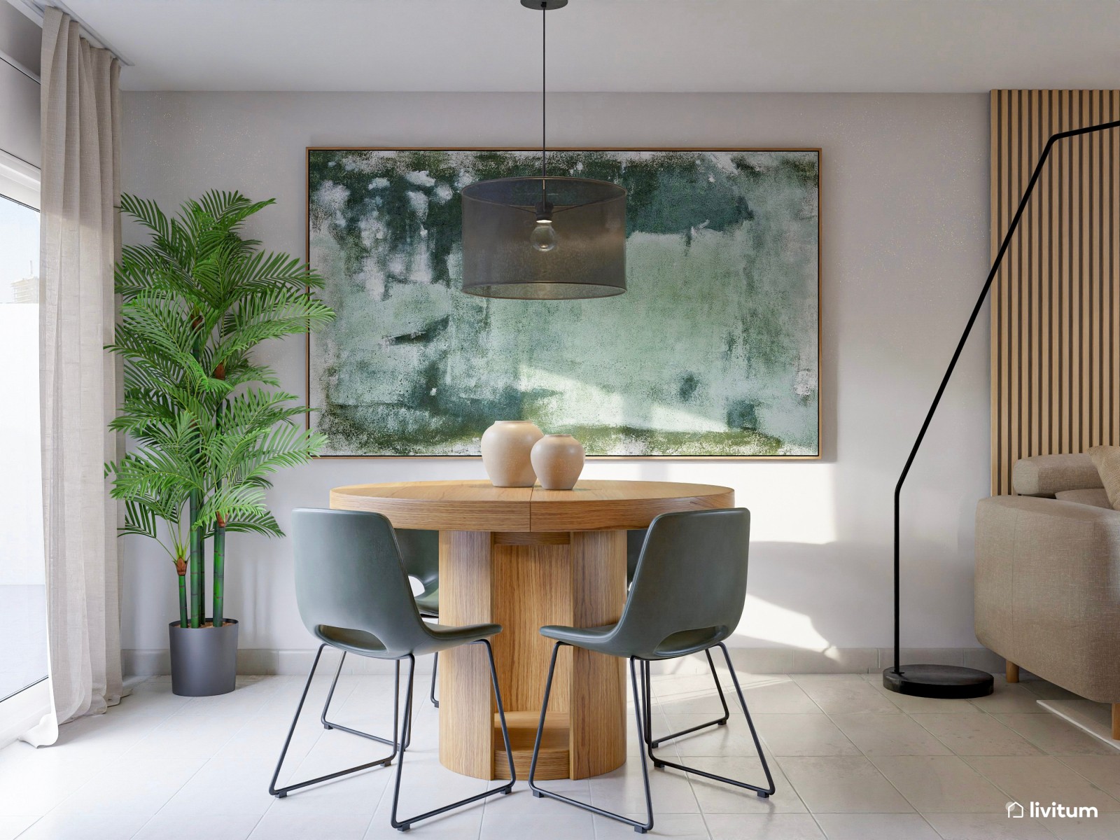  Salón imponente y elegante con diseños en verde y mesa redonda 