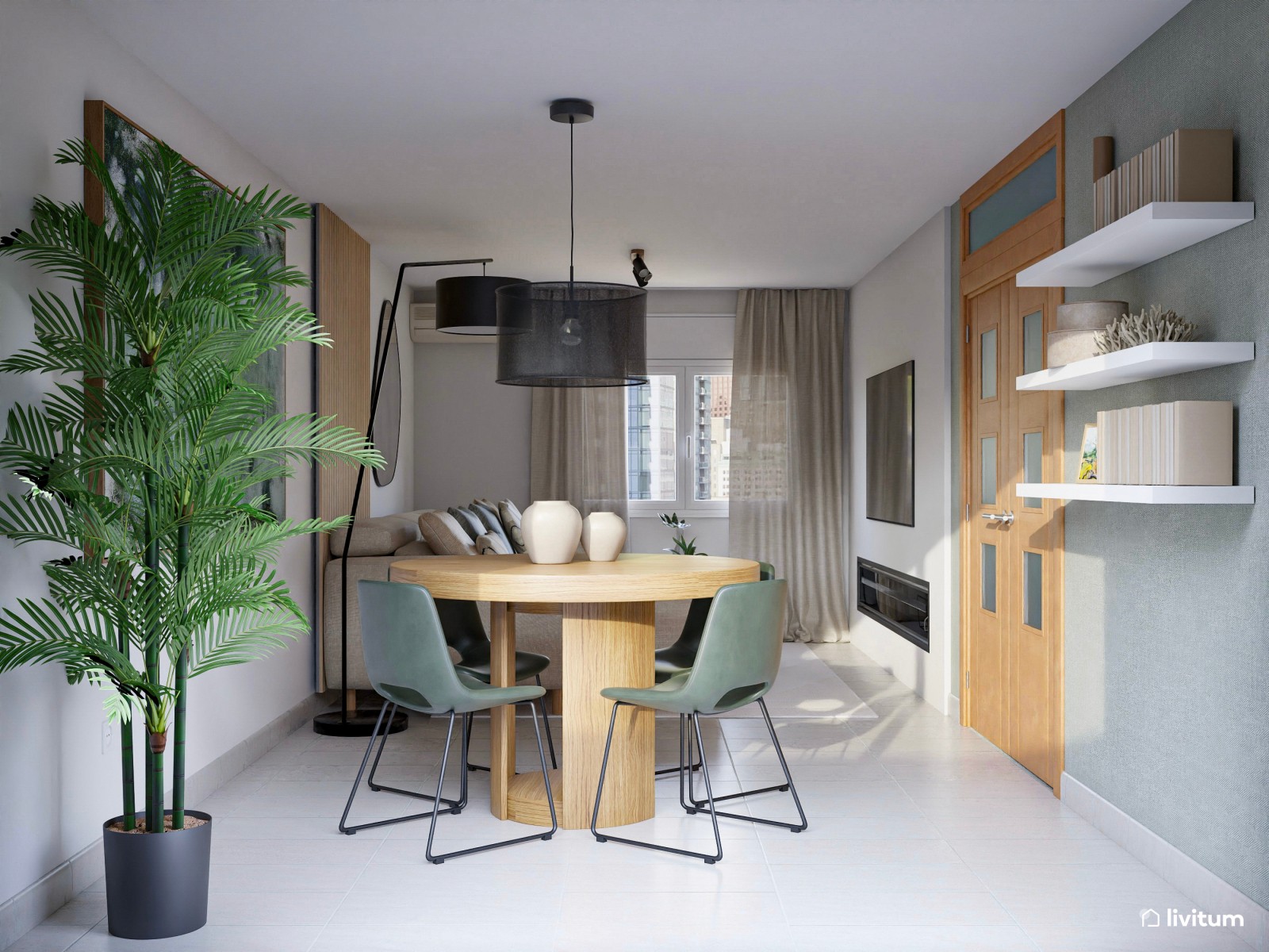  Salón imponente y elegante con diseños en verde y mesa redonda 