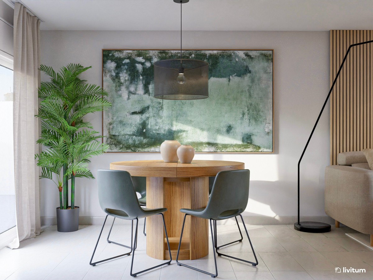 Salón imponente y elegante con diseños en verde y mesa redonda