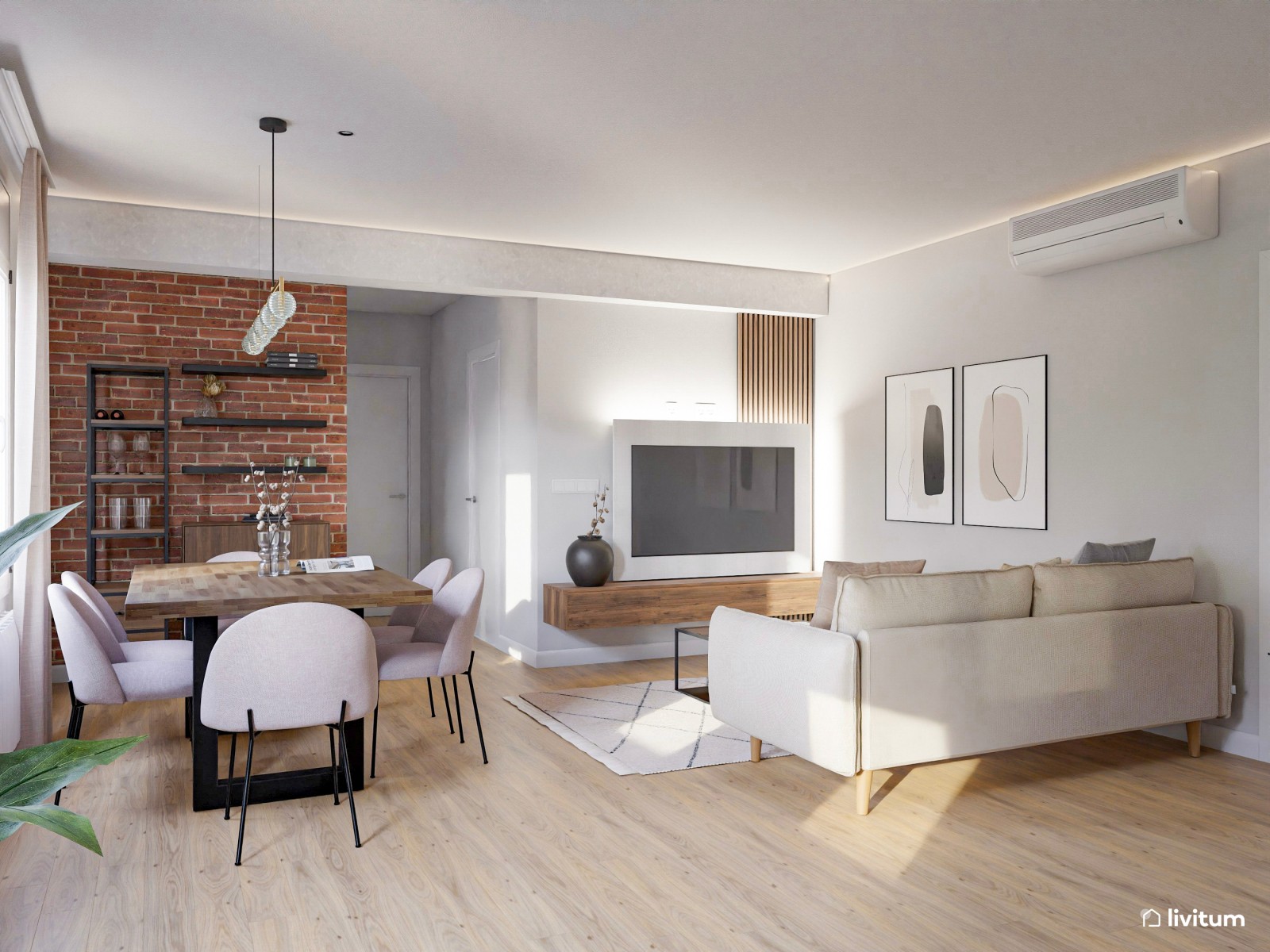 Salón industrial muy acogedor en madera y tonos crema