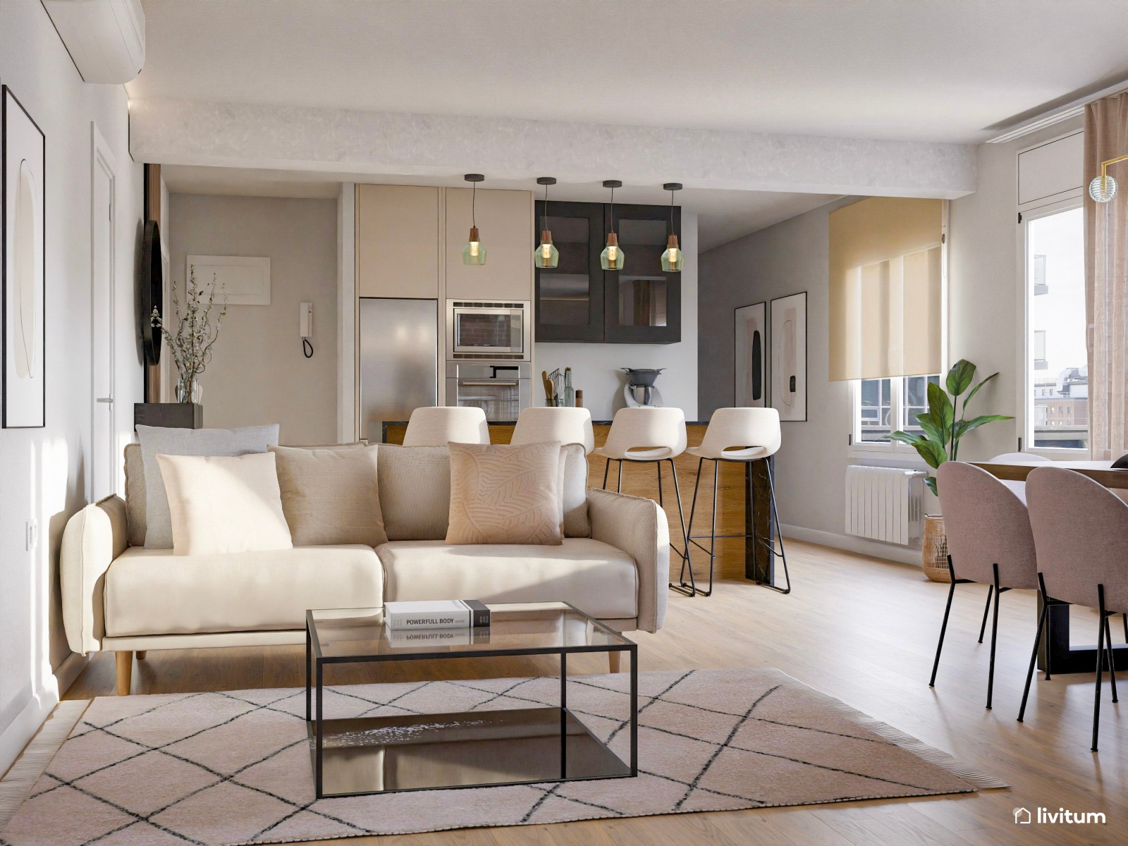 Salón industrial muy acogedor en madera y tonos crema