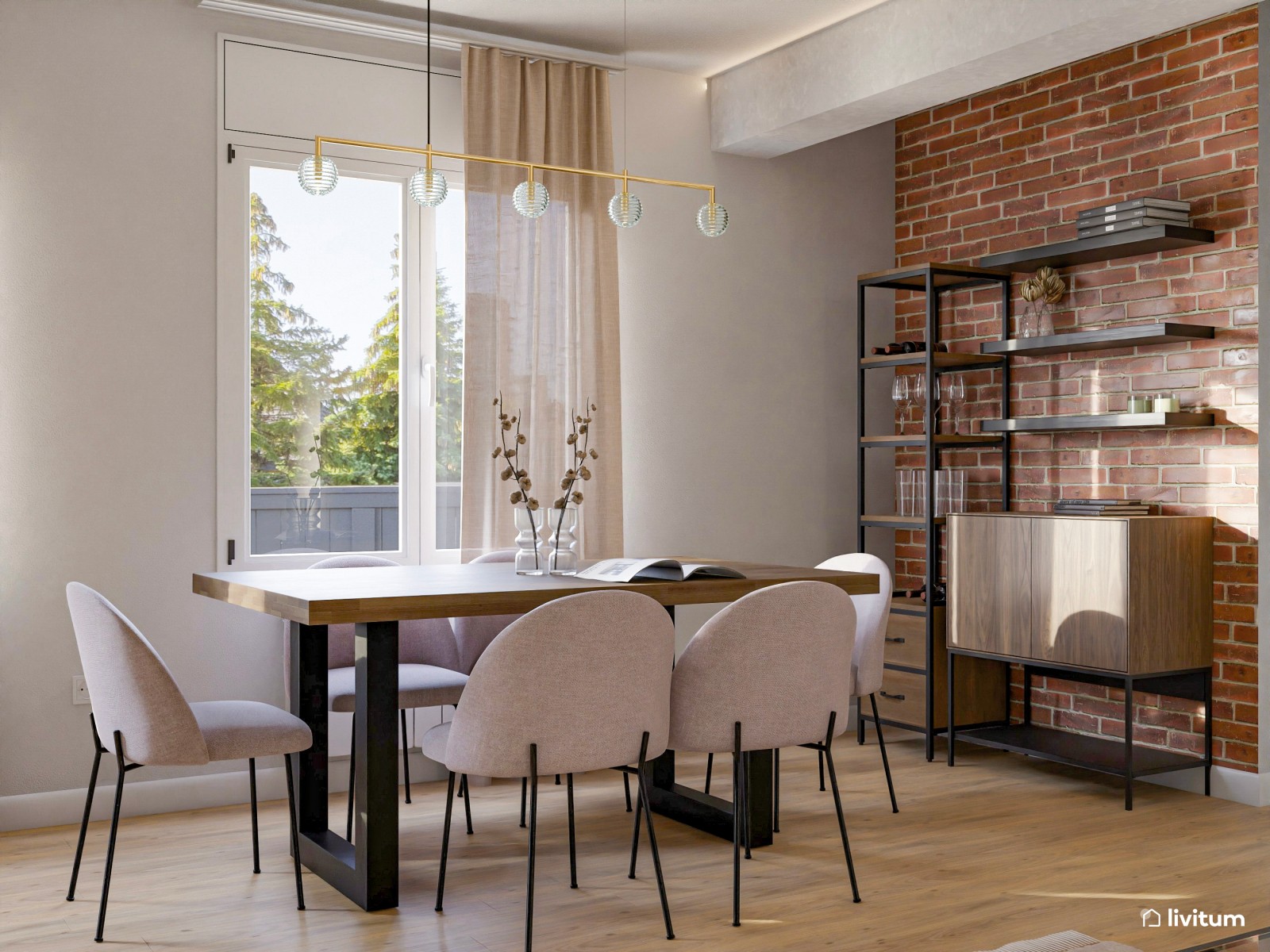 Salón industrial muy acogedor en madera y tonos crema