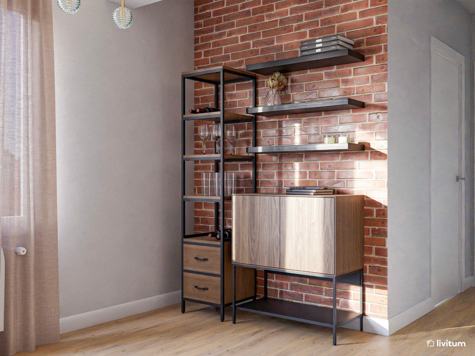 Salón industrial muy acogedor en madera y tonos crema