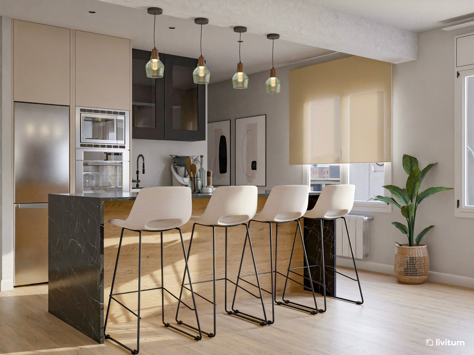 Salón industrial muy acogedor en madera y tonos crema