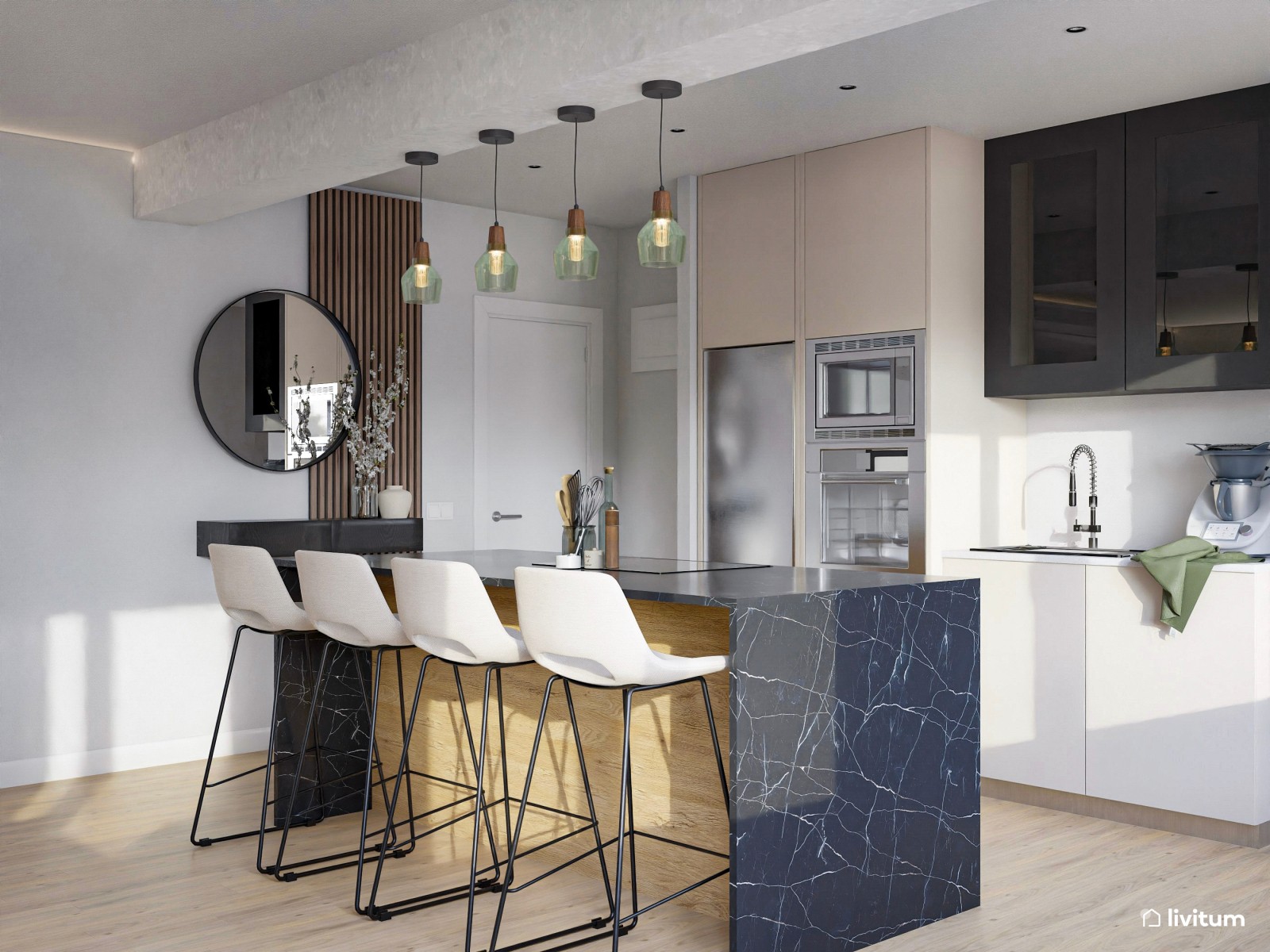 Salón industrial muy acogedor en madera y tonos crema