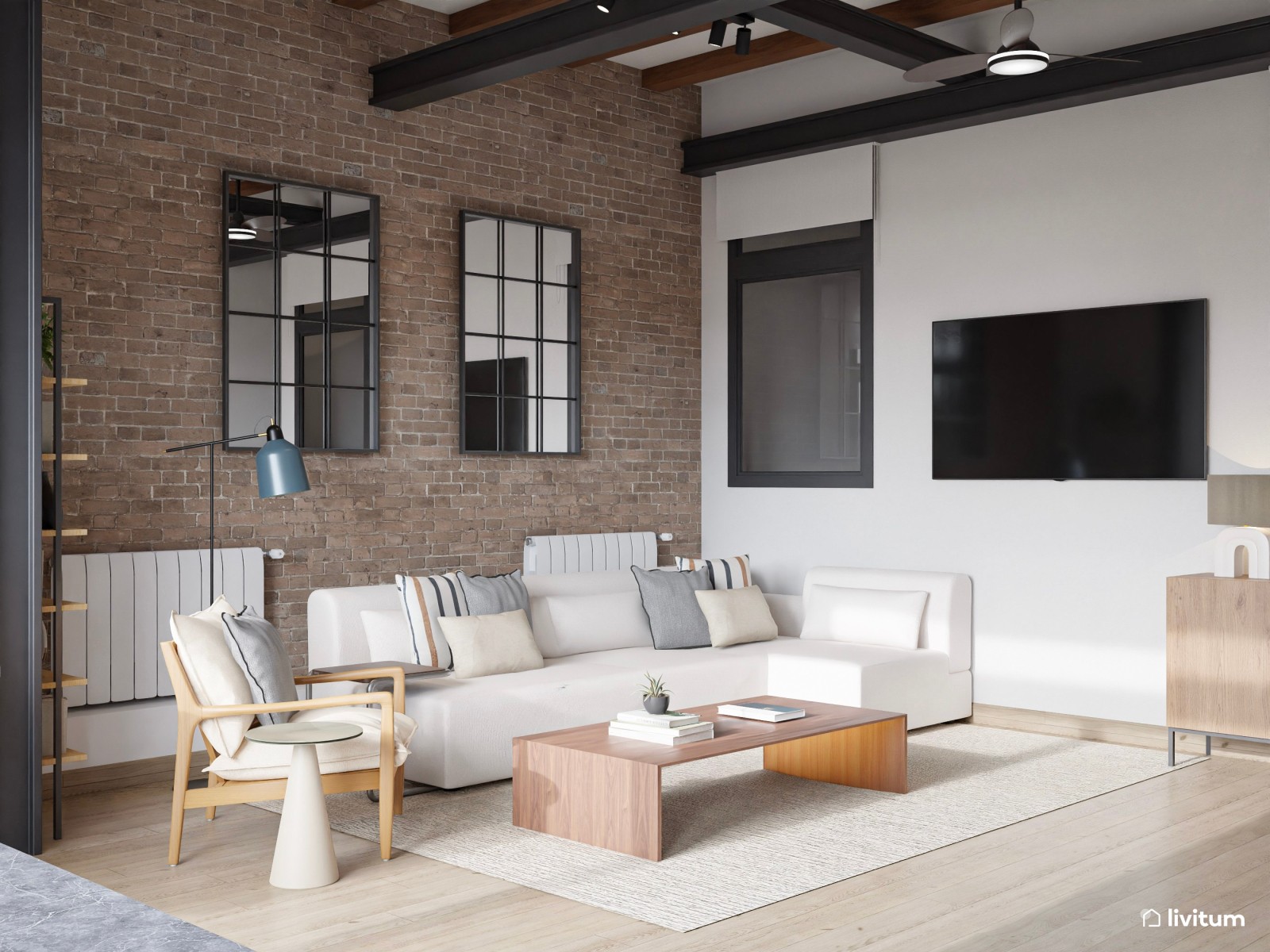 Salón industrial muy elegante abierto a la cocina y escritorio