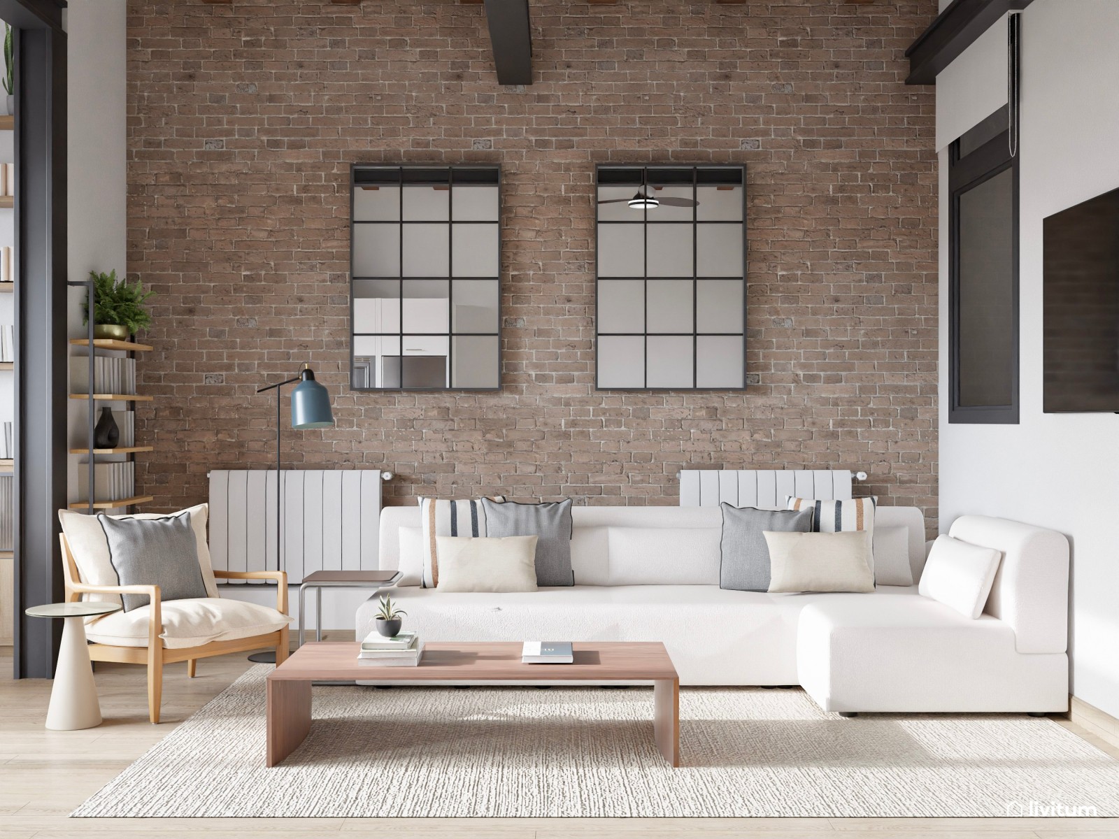 Salón industrial muy elegante abierto a la cocina y escritorio