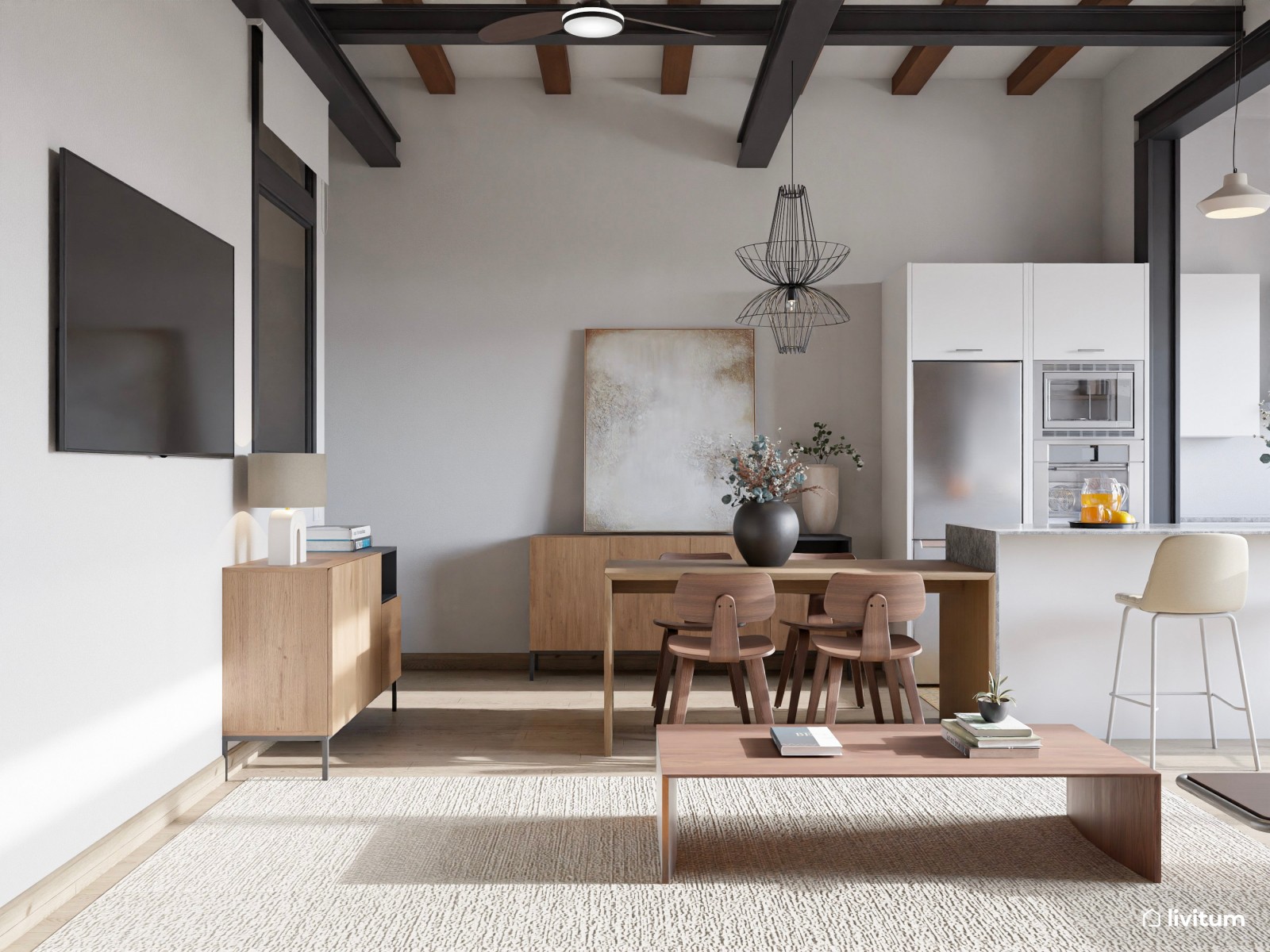 Salón industrial muy elegante abierto a la cocina y escritorio