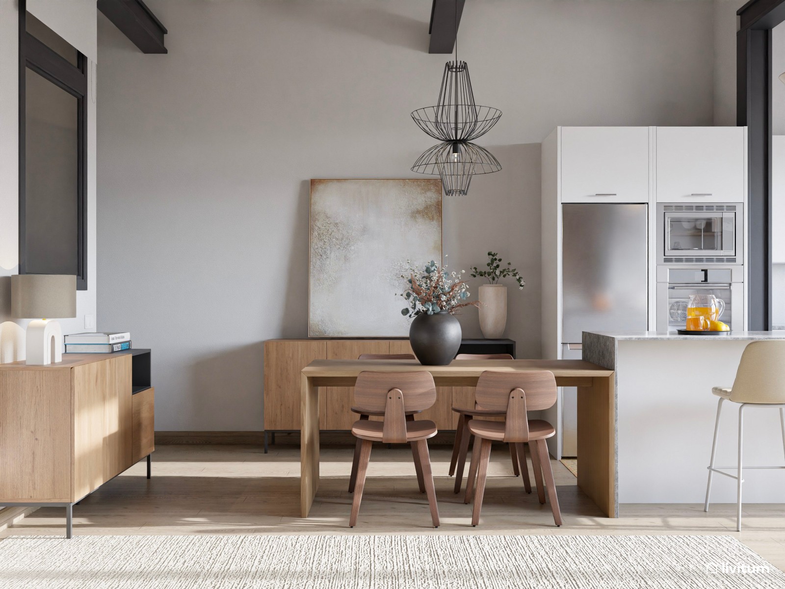 Salón industrial muy elegante abierto a la cocina y escritorio