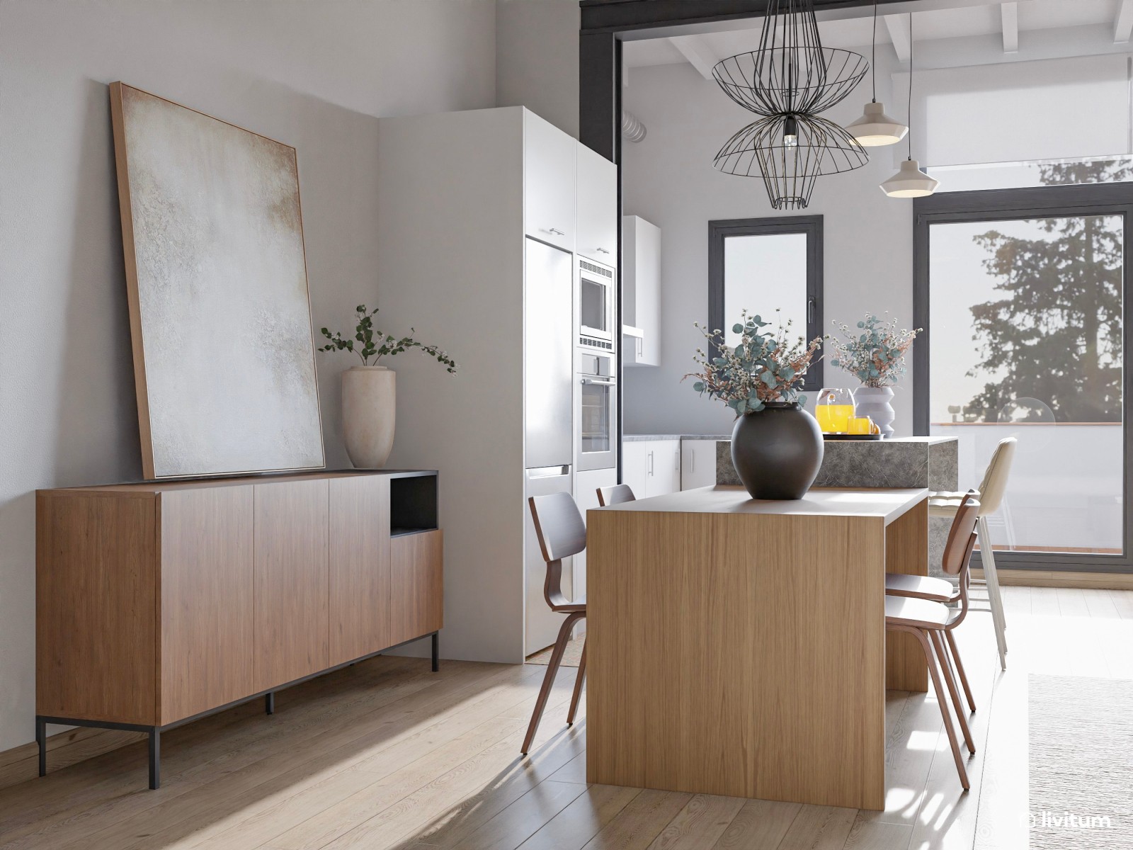 Salón industrial muy elegante abierto a la cocina y escritorio