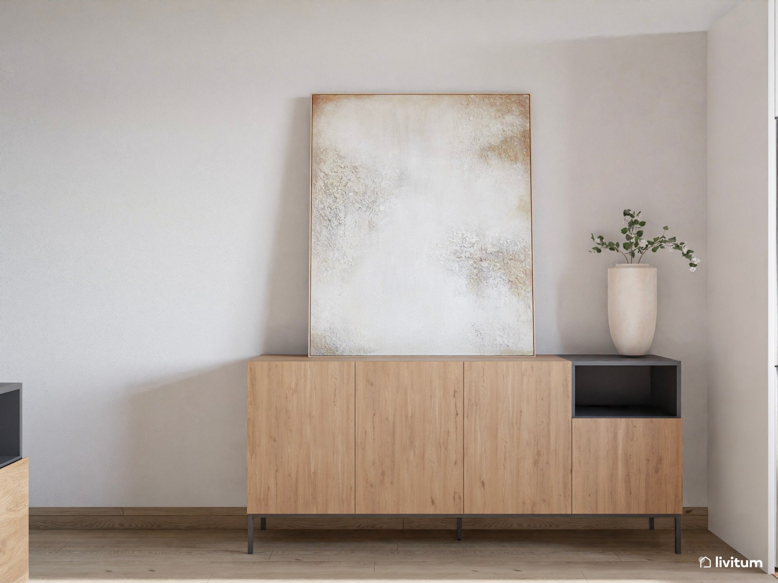 Salón industrial muy elegante abierto a la cocina y escritorio