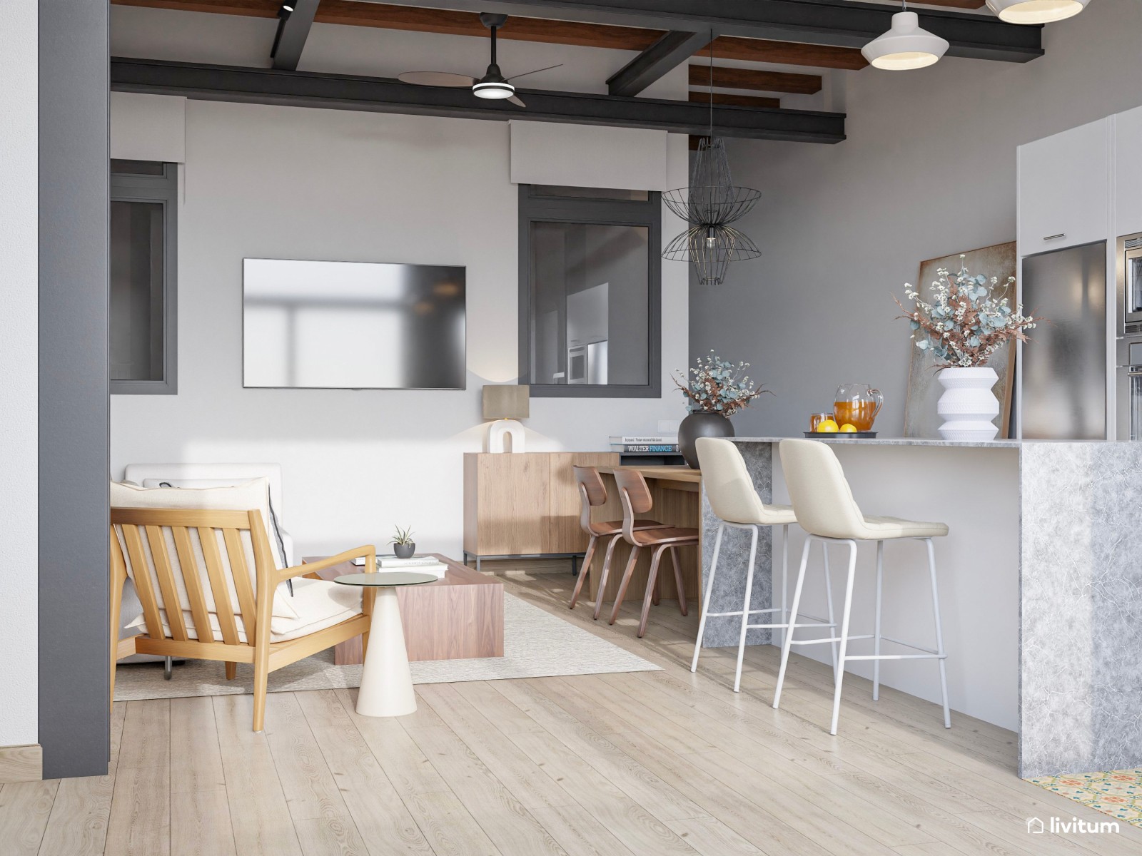 Salón industrial muy elegante abierto a la cocina y escritorio