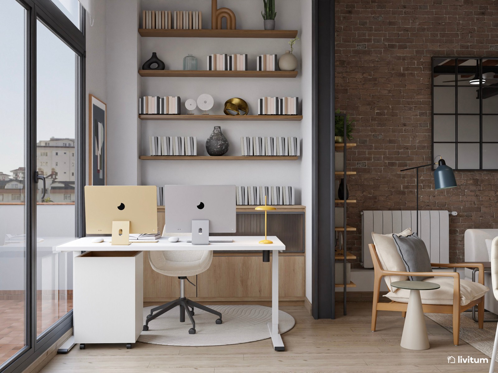 Salón industrial muy elegante abierto a la cocina y escritorio