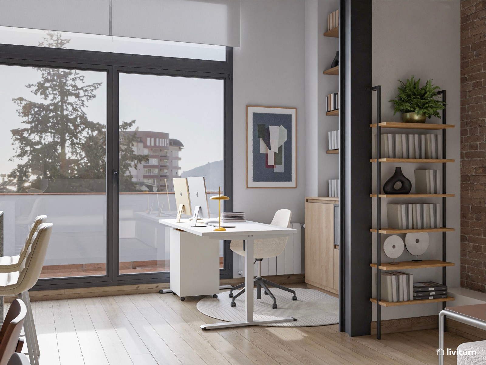 Salón industrial muy elegante abierto a la cocina y escritorio