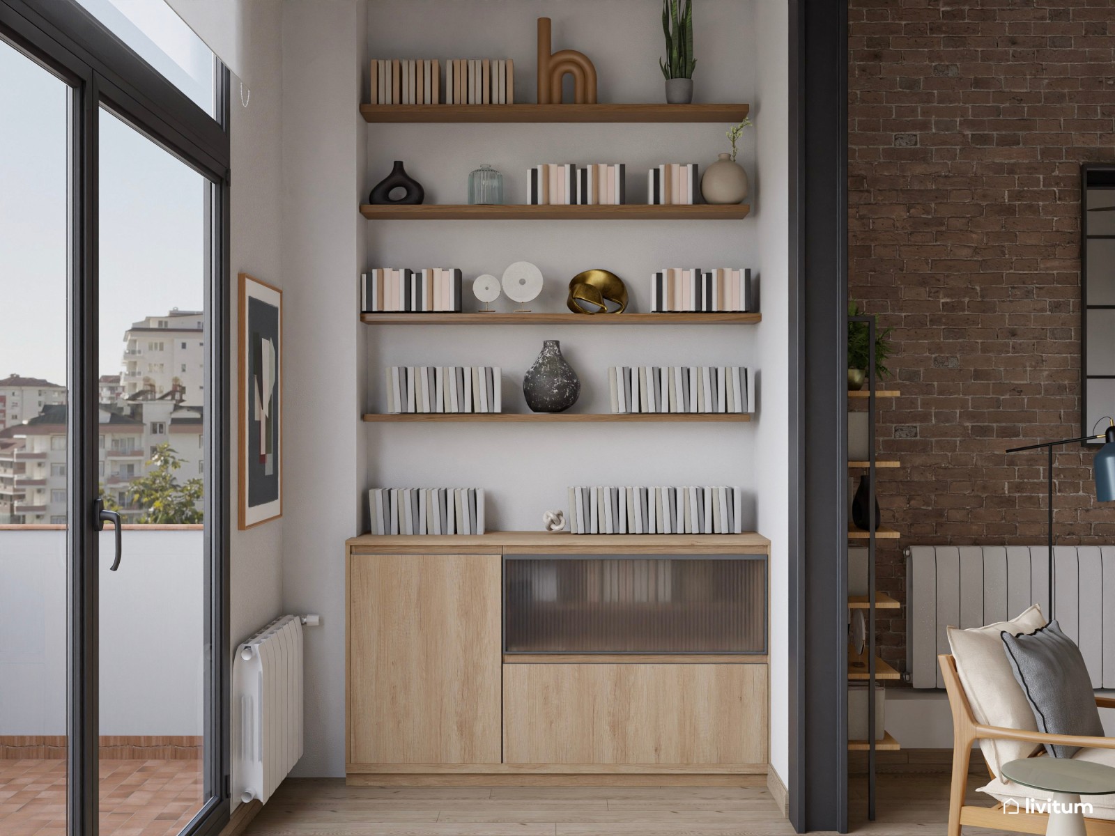 Salón industrial muy elegante abierto a la cocina y escritorio