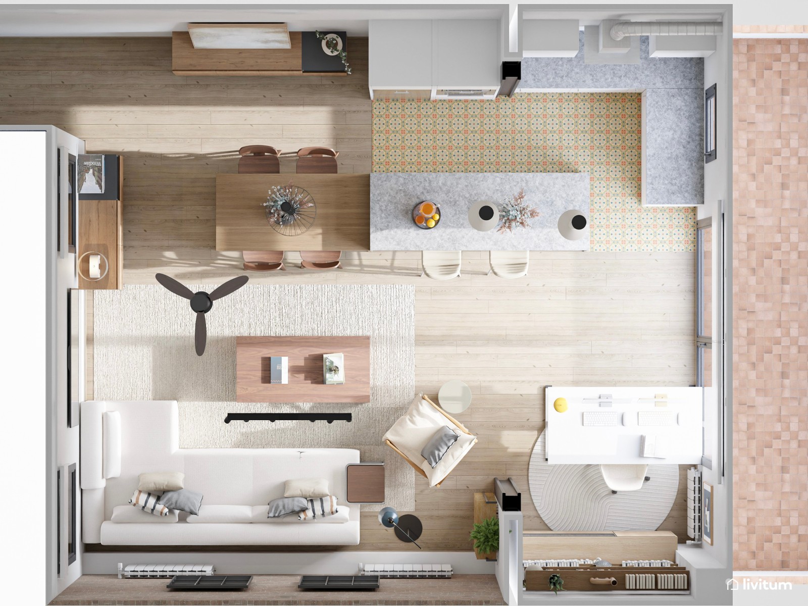 Salón industrial muy elegante abierto a la cocina y escritorio