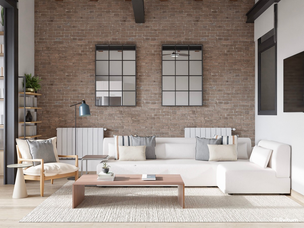 Salón industrial muy elegante abierto a la cocina y escritorio