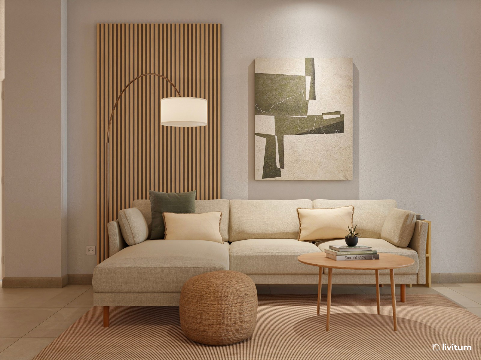 Salón industrial para alquiler con toques boho en planta alargada