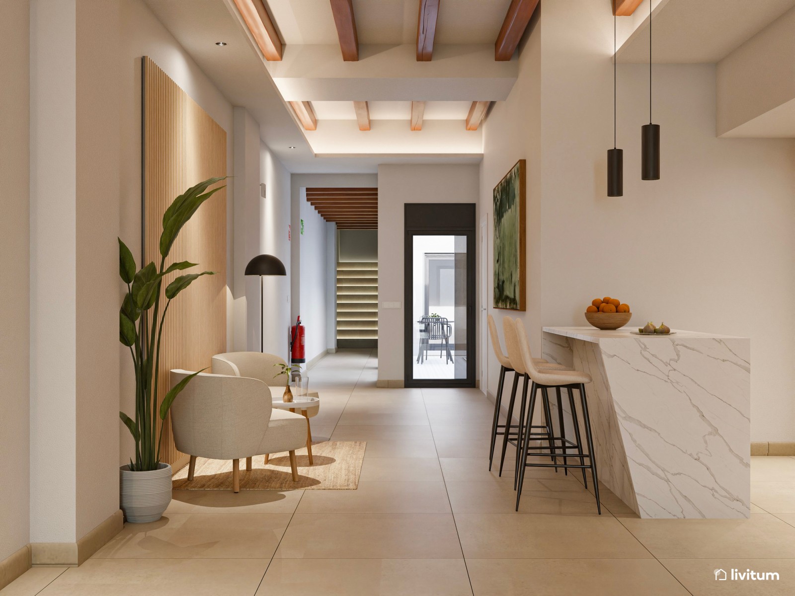 Salón industrial para alquiler con toques boho en planta alargada