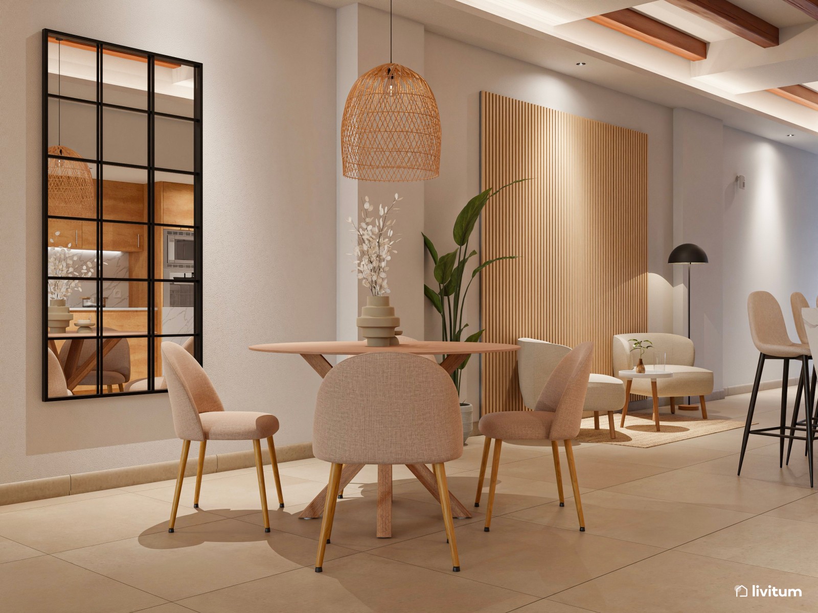 Salón industrial para alquiler con toques boho en planta alargada