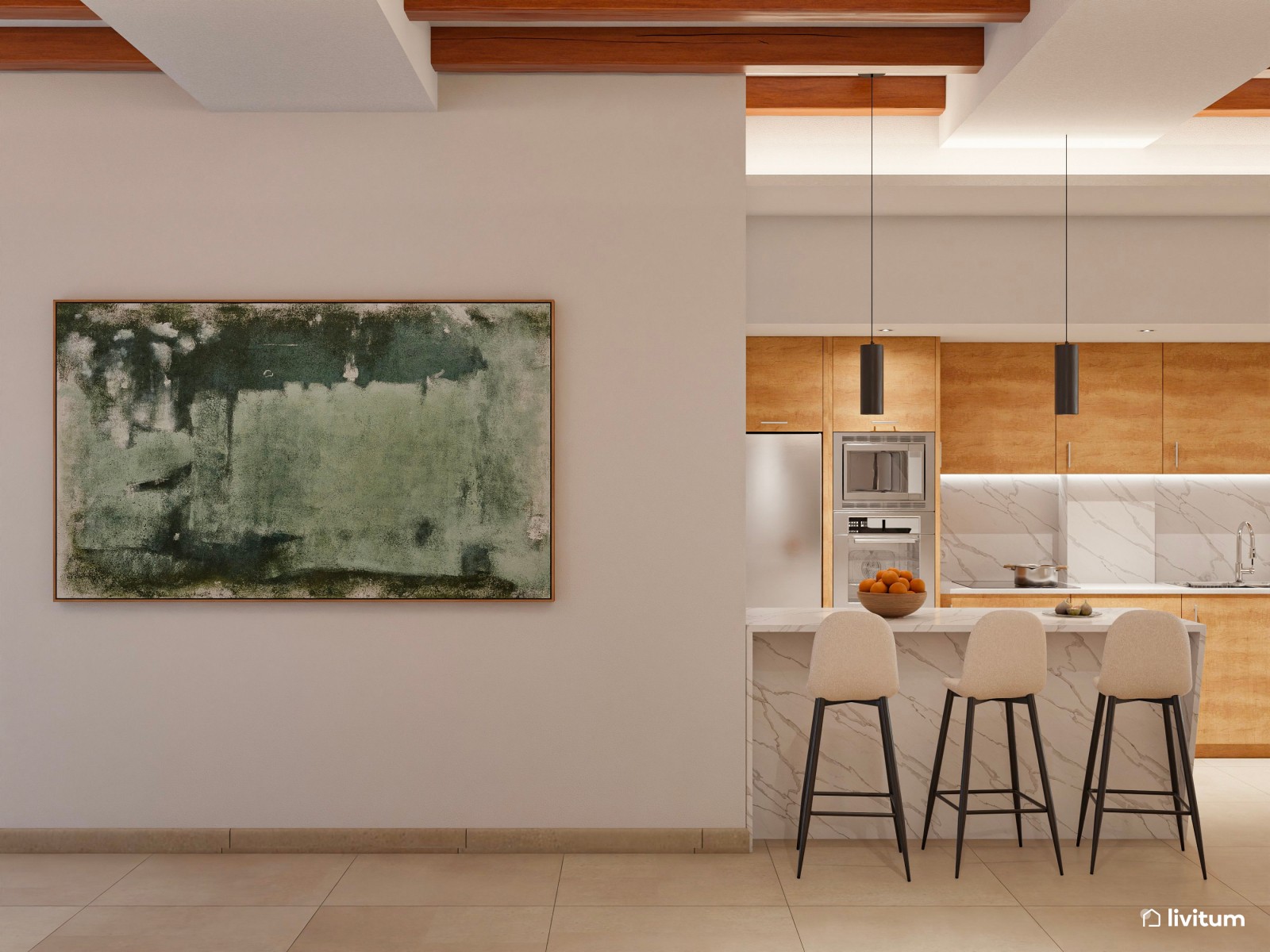 Salón industrial para alquiler con toques boho en planta alargada