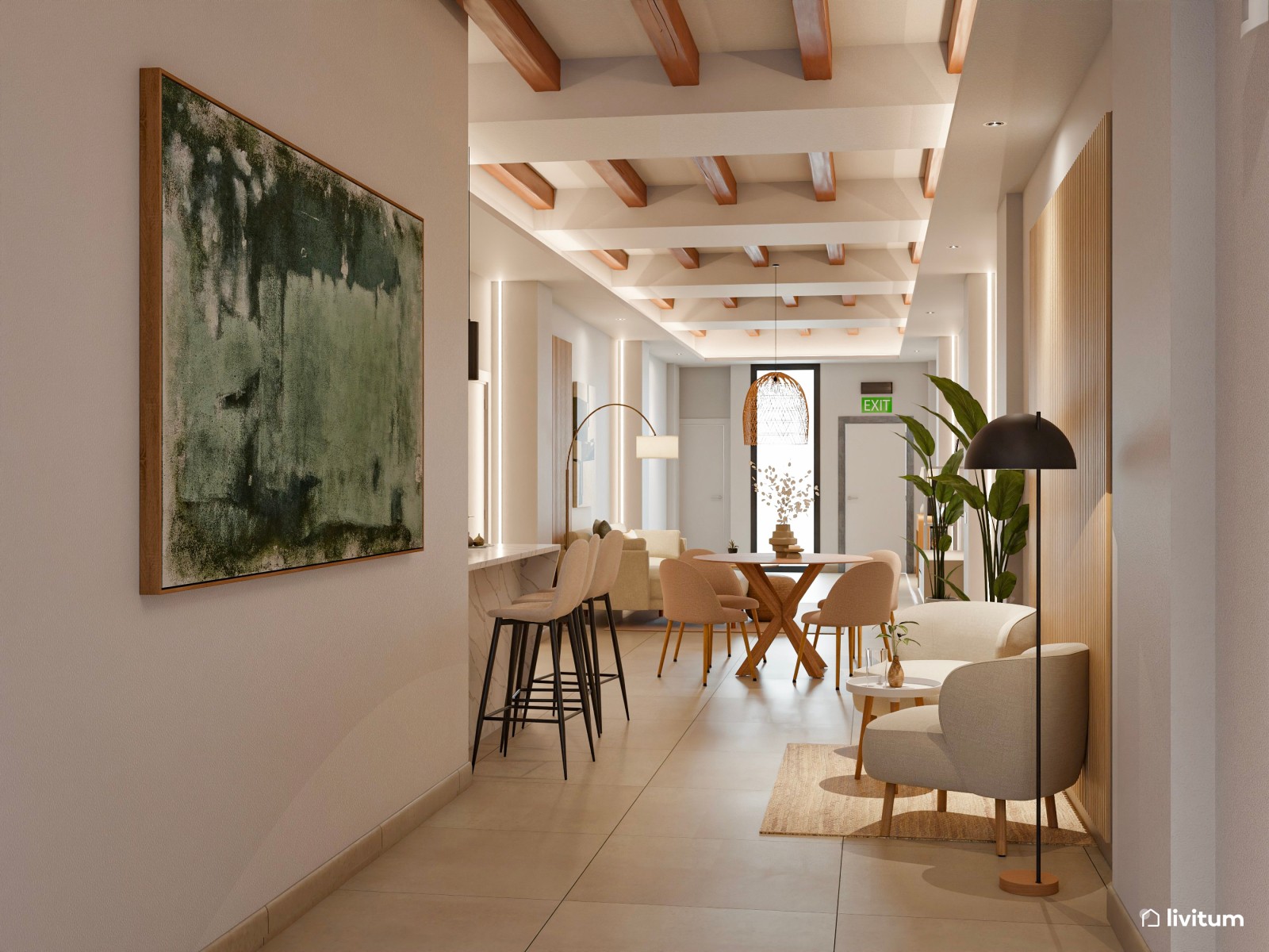 Salón industrial para alquiler con toques boho en planta alargada