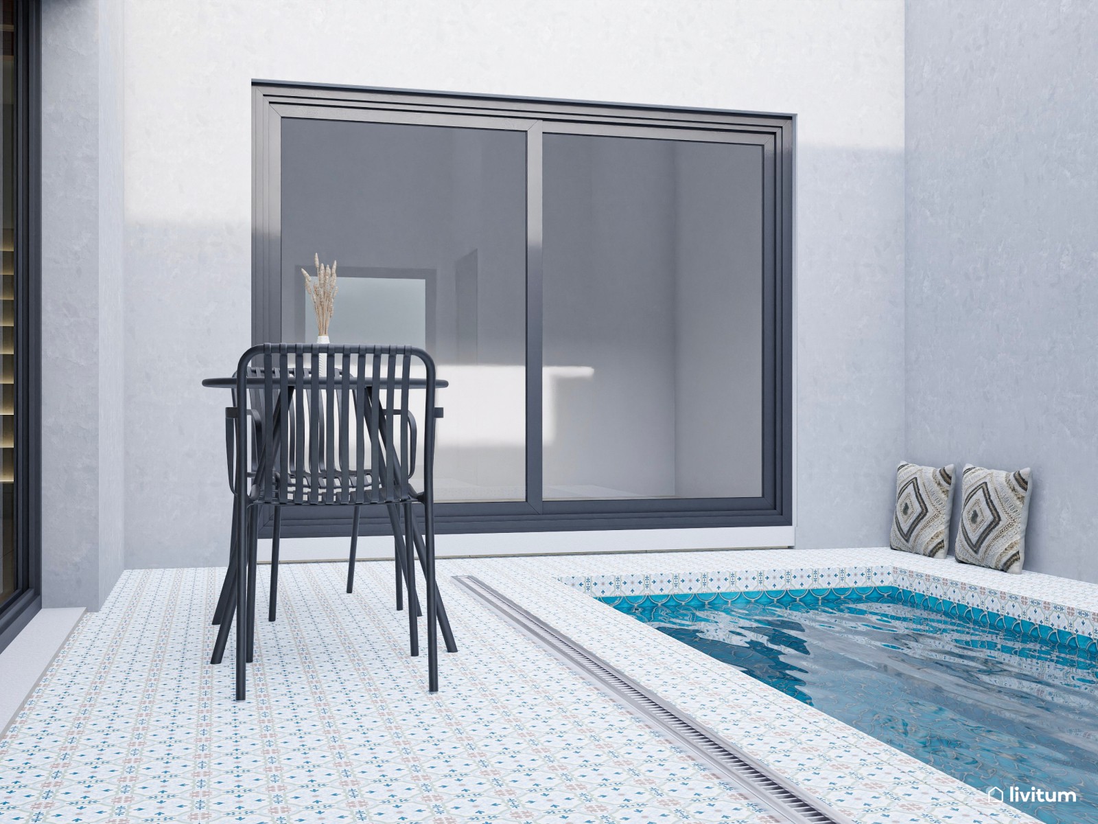 Salón industrial para alquiler con toques boho en planta alargada