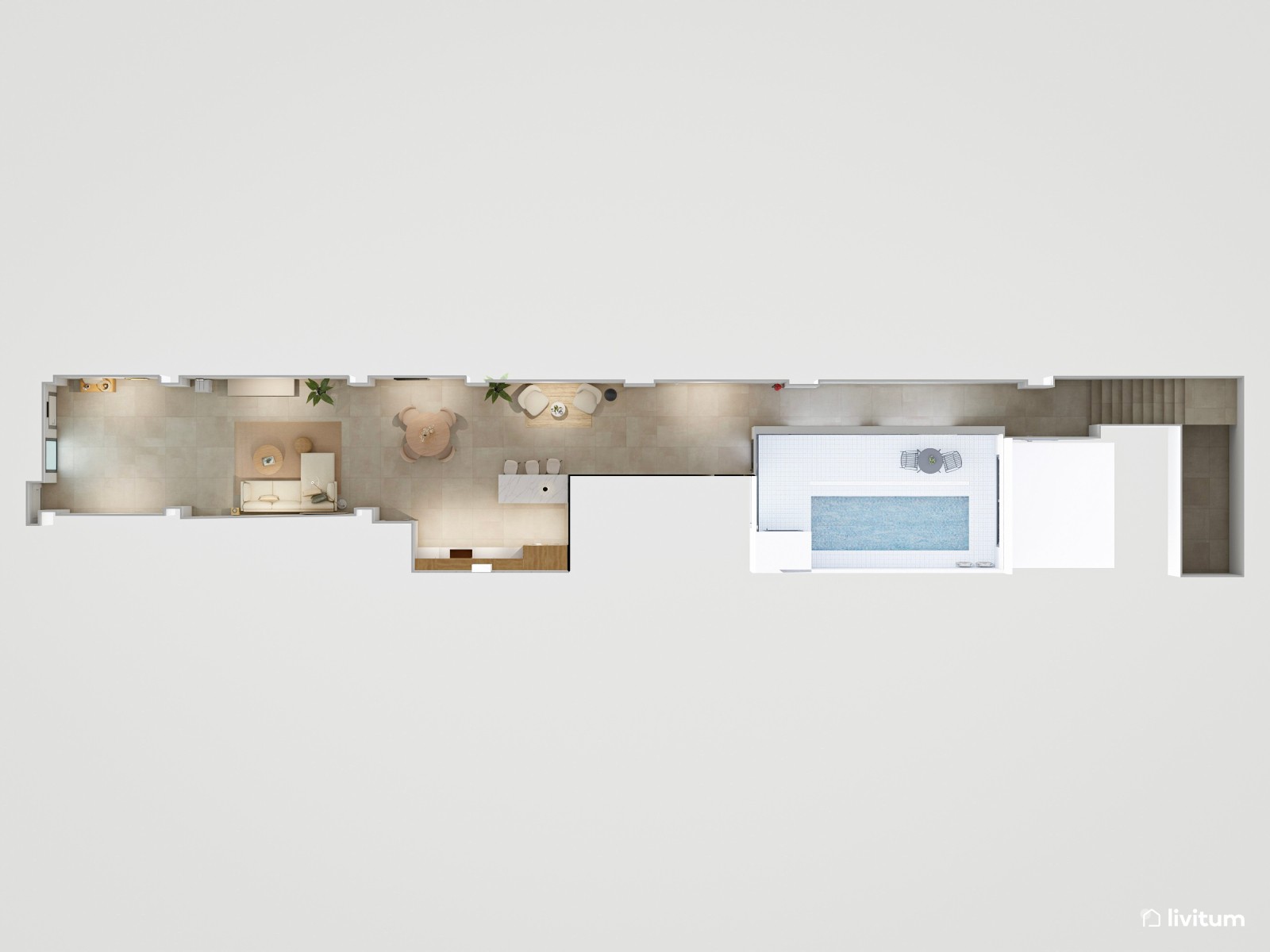 Salón industrial para alquiler con toques boho en planta alargada