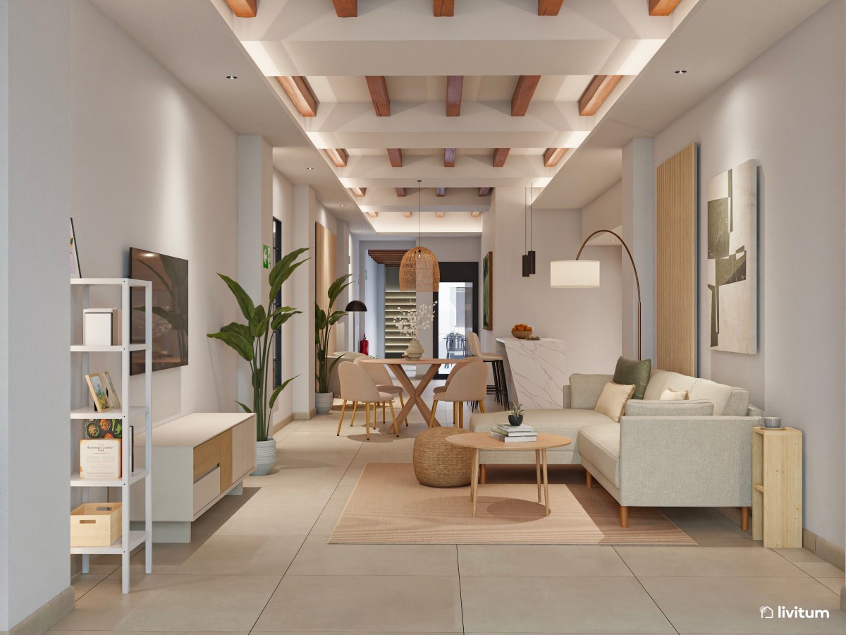 Salón industrial para alquiler con toques boho en planta alargada