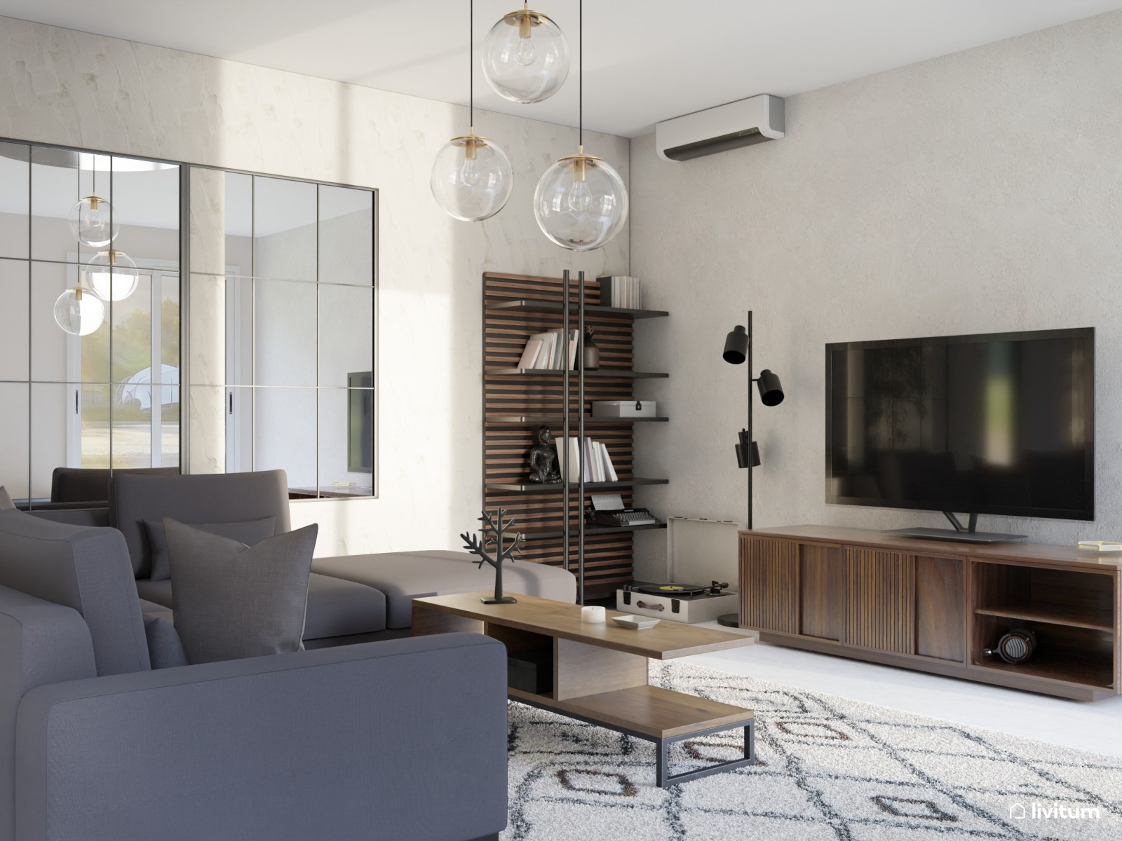 Salón industrial y moderno con gran sofá esquinero