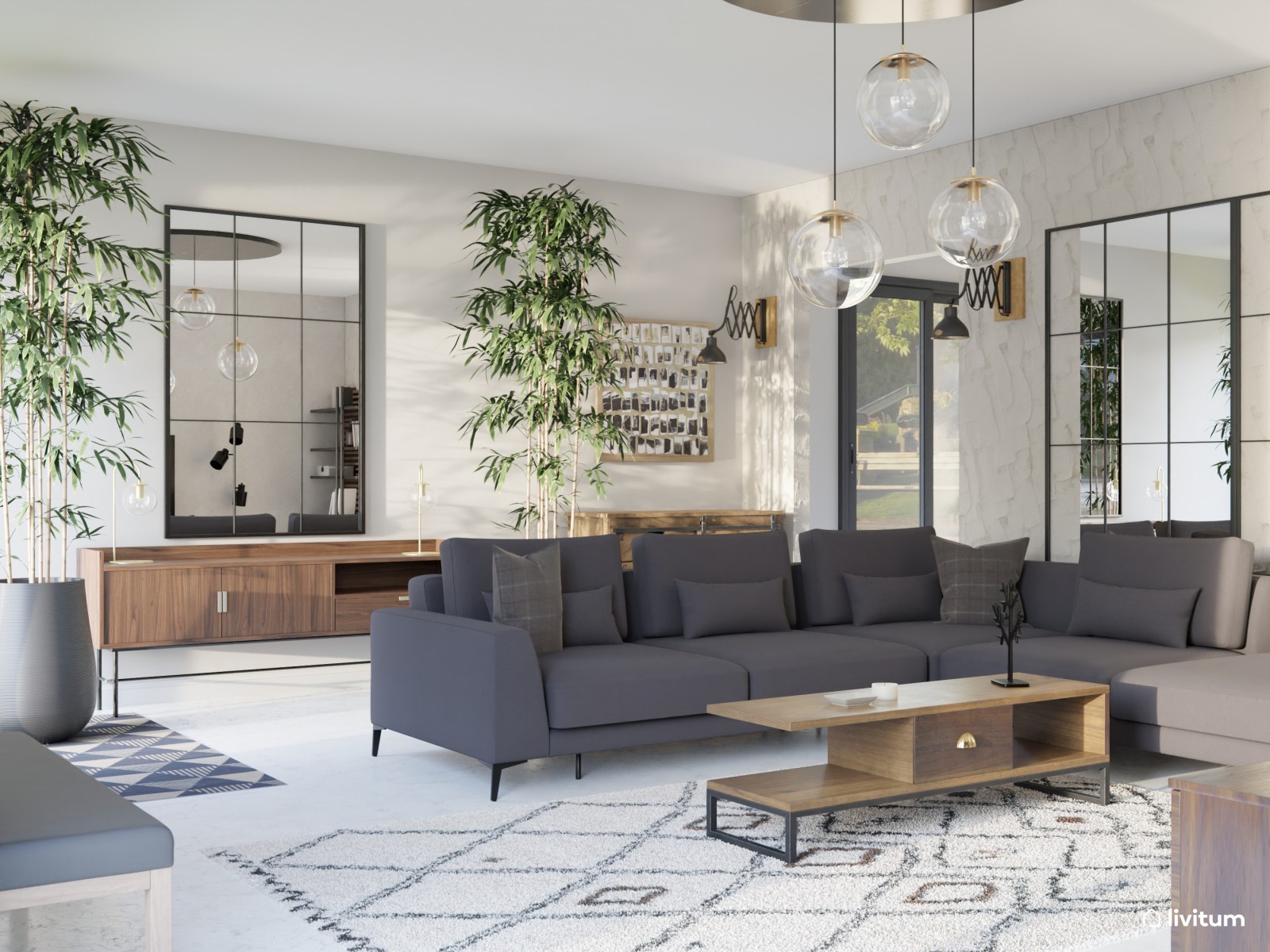 Salón industrial y moderno con gran sofá esquinero