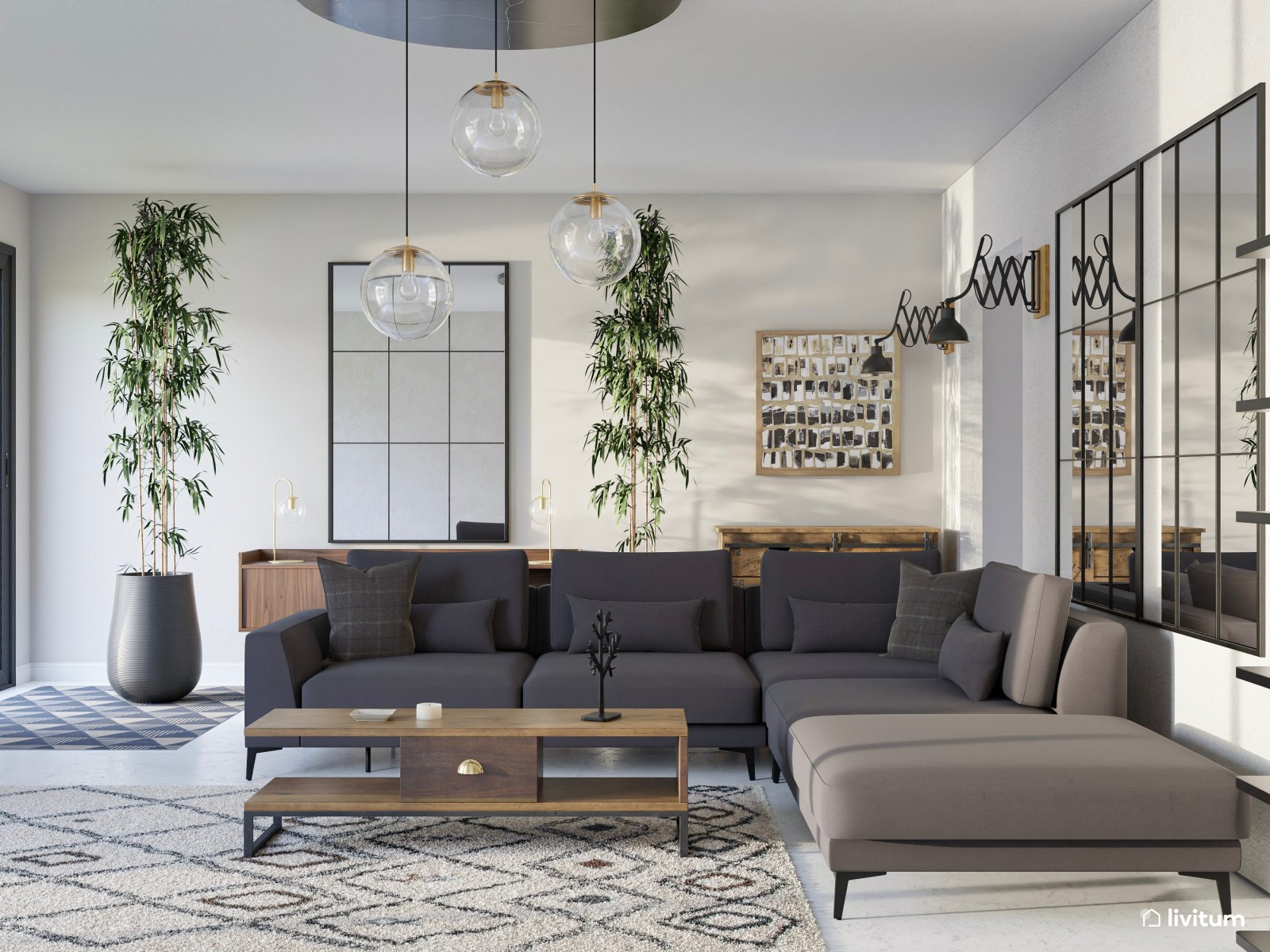 Salón industrial y moderno con gran sofá esquinero