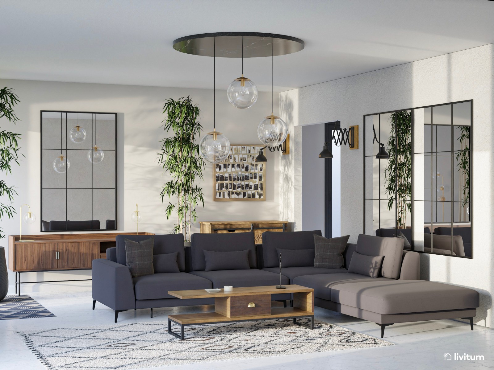Salón industrial y moderno con gran sofá esquinero