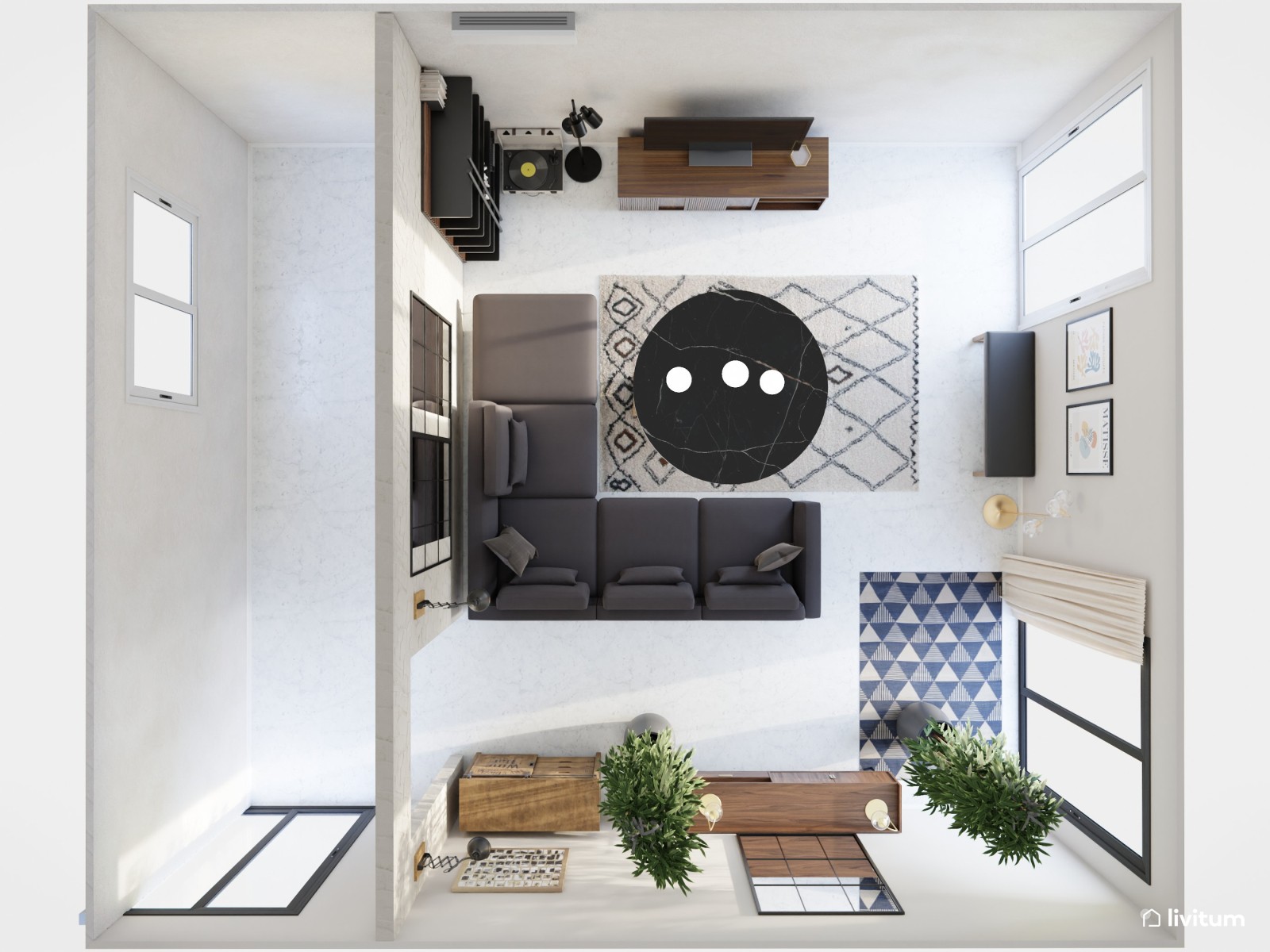 Salón industrial y moderno con gran sofá esquinero