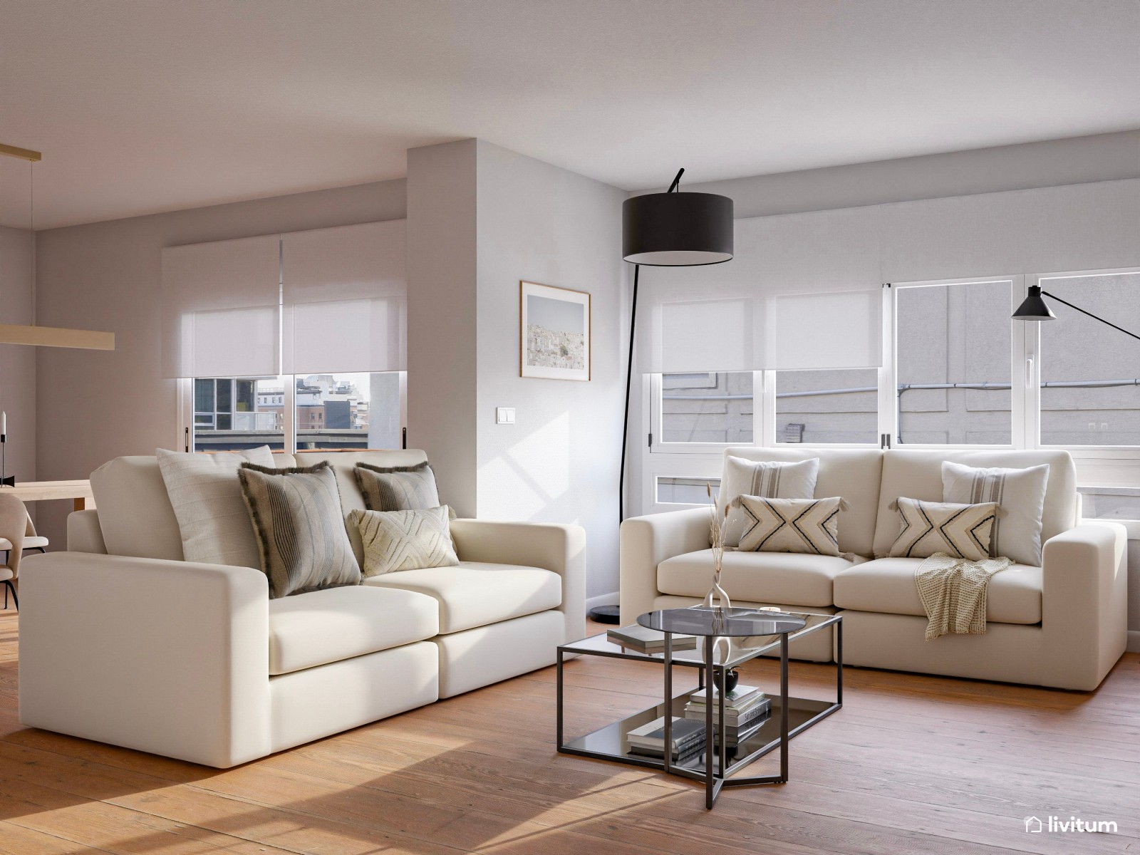 Salón luminoso decorado en madera con zona de trabajo muy bien resuelta 