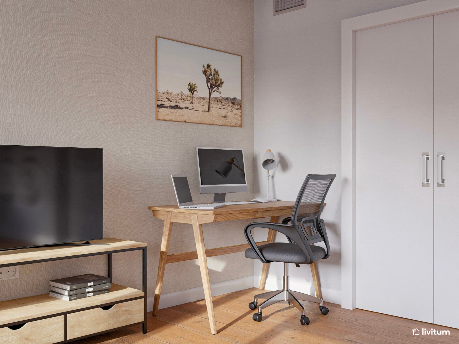 Salón luminoso decorado en madera con zona de trabajo muy bien resuelta 